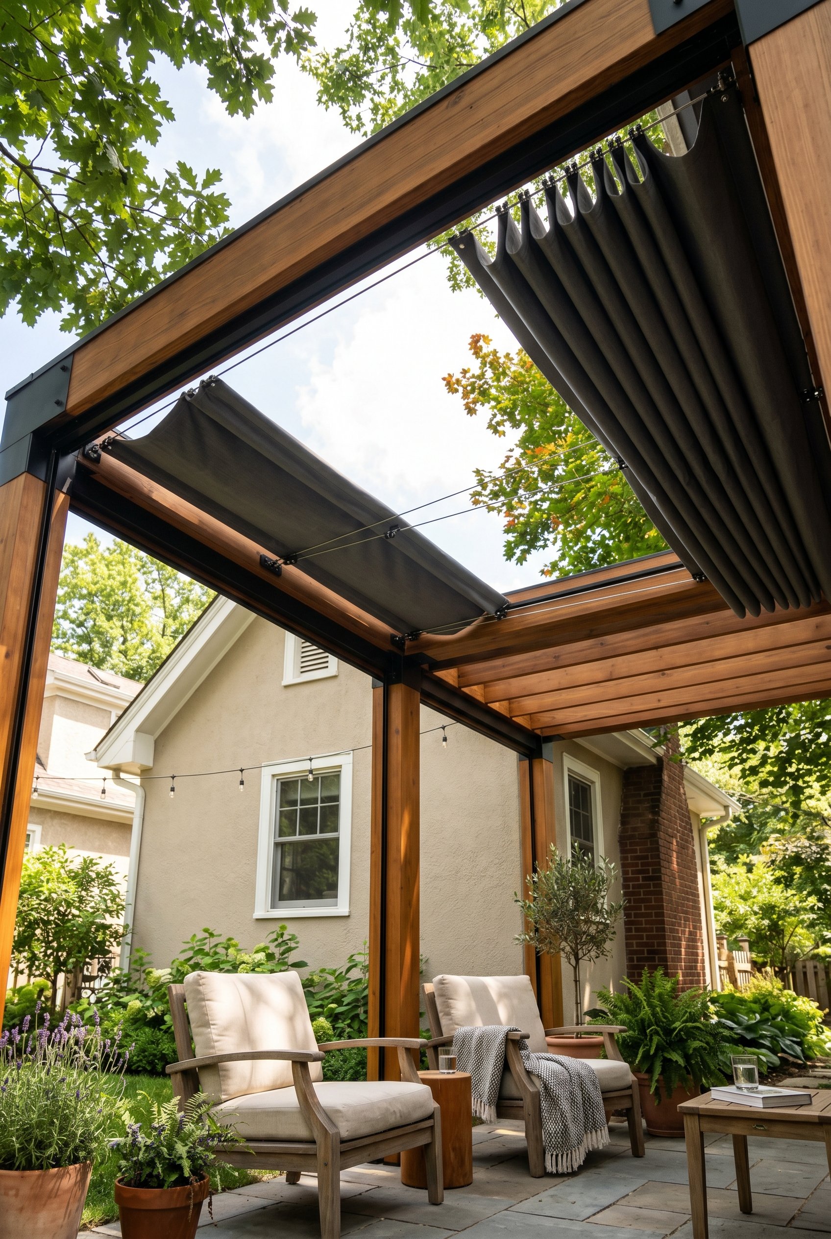 Photorealistic interior photo. Modern outdoor pergola with a charcoal grey retractable canvas canopy pulled halfway open, stainless steel wire tracks, teak lounge chairs, mid-day sunlight, looking up 