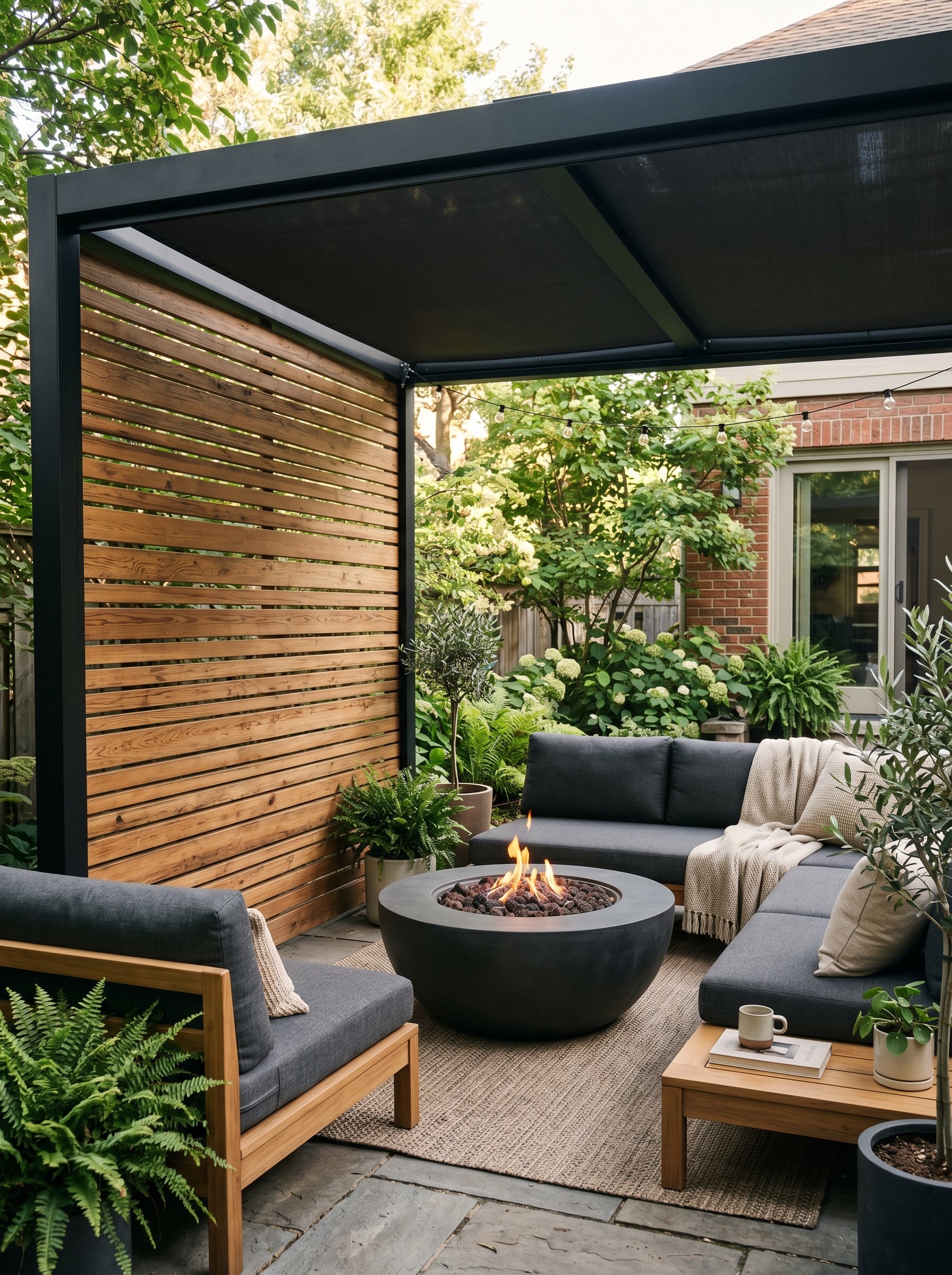 Photorealistic interior photo. Modern pergola featuring a horizontal thermowood slatted privacy wall on one side, black framing, modern fire pit in center, soft morning light, straight on angle. Edito