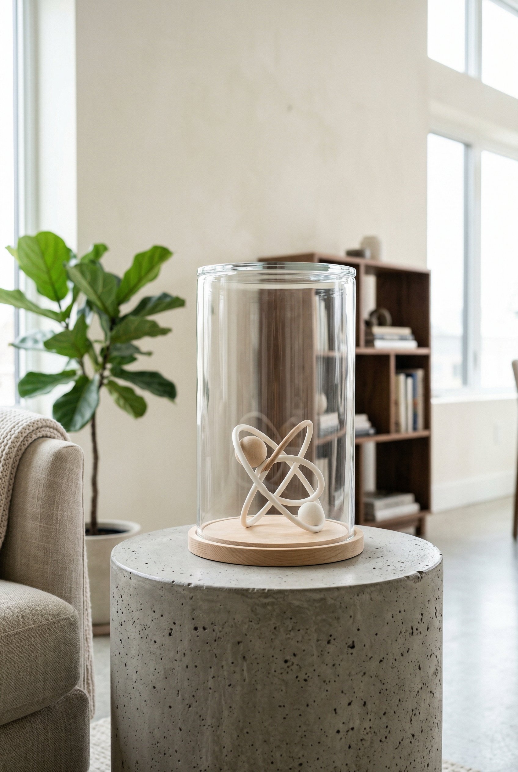 Photorealistic interior photo. Modern straight glass cylinder cloche with a flat top, housing a minimalist geometric sculpture, resting on a concrete side table, bright indirect lighting, eye-level ca