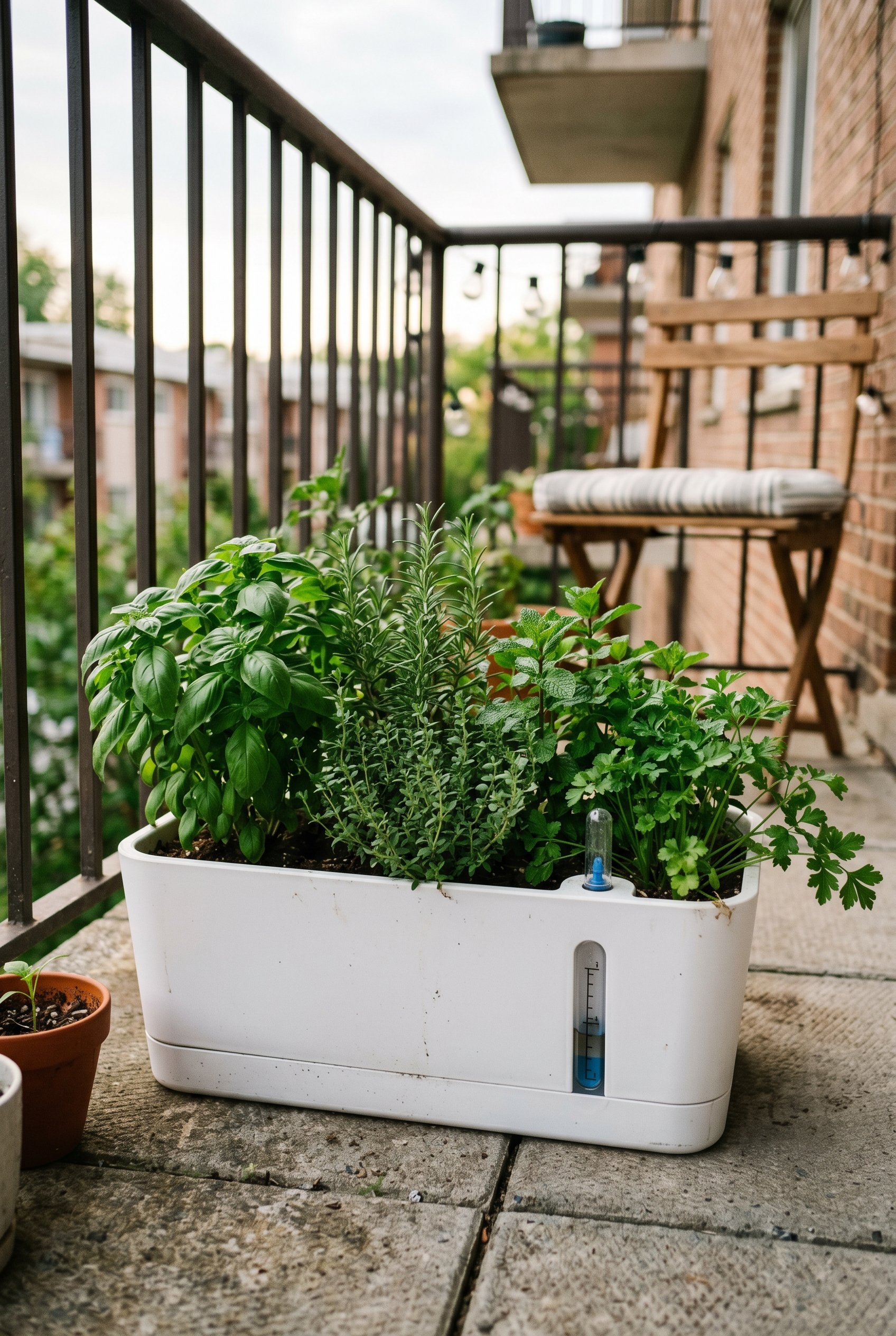 Photorealistic interior photo. Modern white self-watering trough planter with a visible water level indicator, filled with lush green herbs, sitting on a balcony floor, soft lighting, close-up. Editor