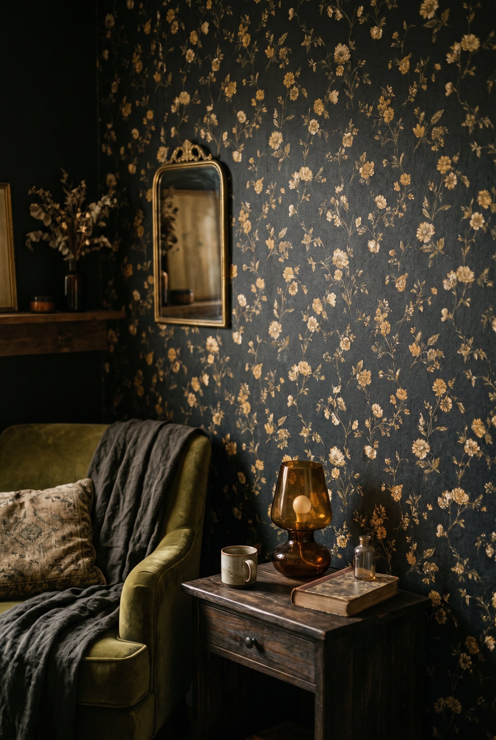 Photorealistic interior photo. Moody bedroom corner featuring dark removable wallpaper with small, vintage mustard yellow floral patterns. Editorial photography style, close-up on wall texture, no peo