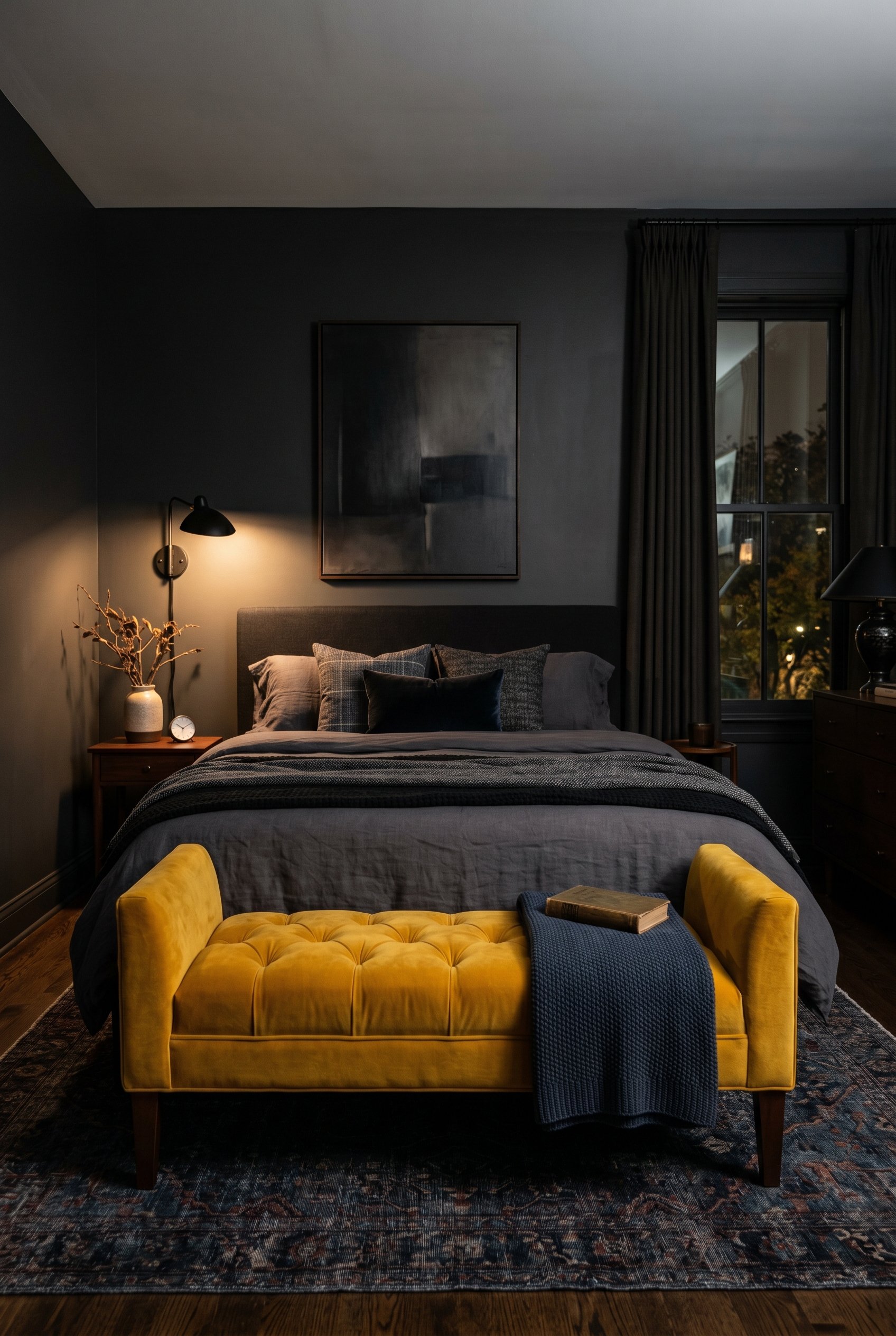 Photorealistic interior photo. Moody bedroom with pitch dark charcoal gray walls and a highly saturated mustard yellow upholstered bench at the foot of the bed. Editorial photography style, dramatic l
