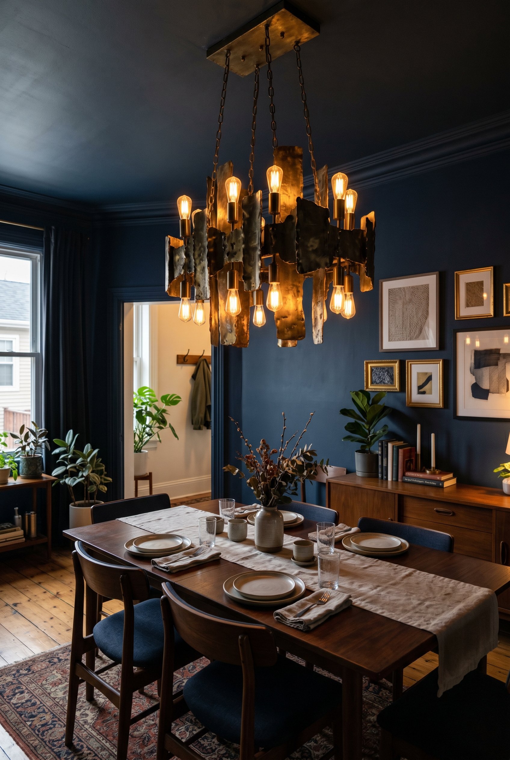 Photorealistic interior photo. Moody dark navy dining room focusing on an oversized, brutalist brushed brass chandelier hanging low over a sleek dining table. Cinematic lighting, low angle shot lookin