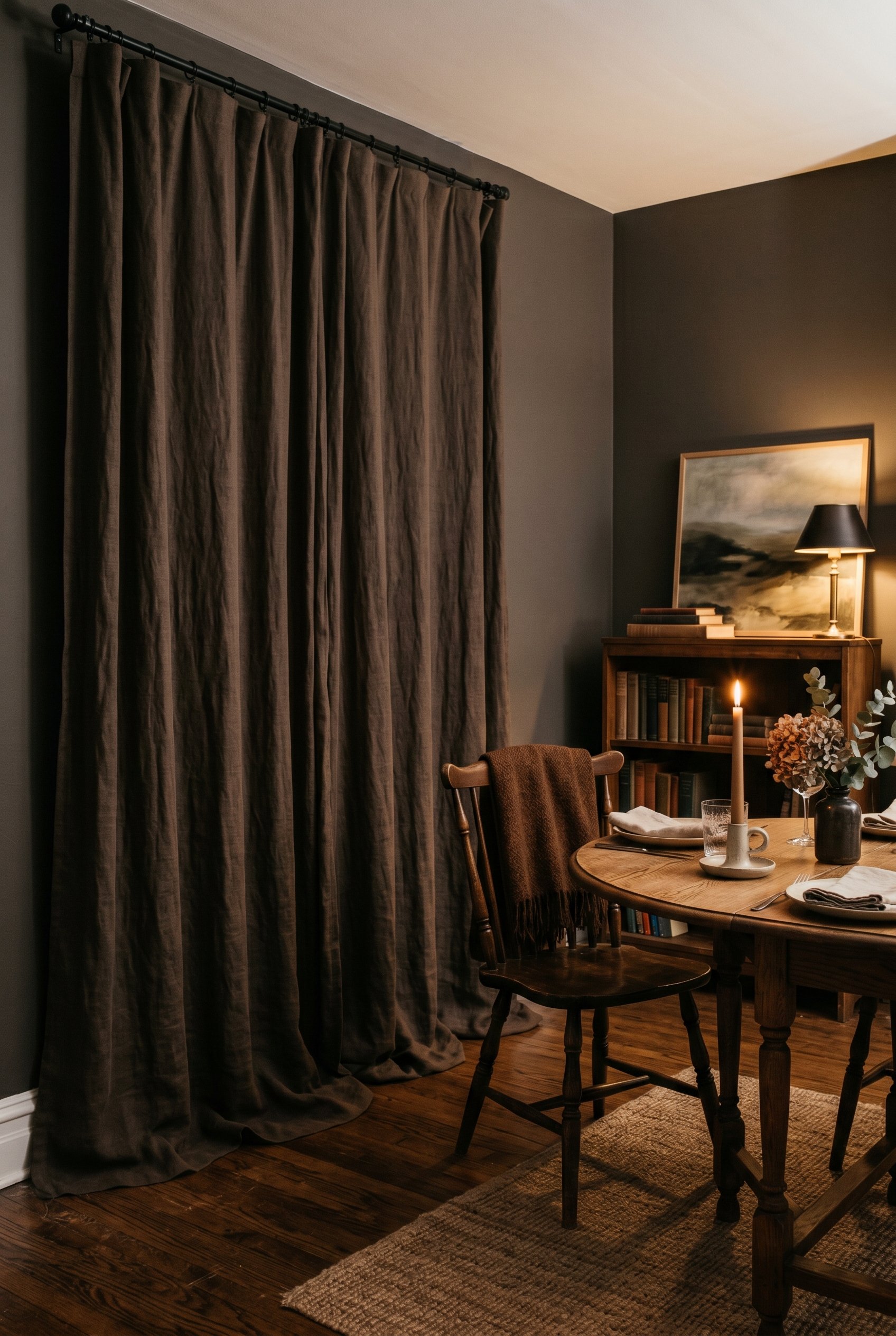 Photorealistic interior photo. Moody dining room corner featuring floor-to-ceiling heavy dark brown linen drapes slightly puddling on the floor. Dimmed, romantic lighting, vertical framing. Editorial 