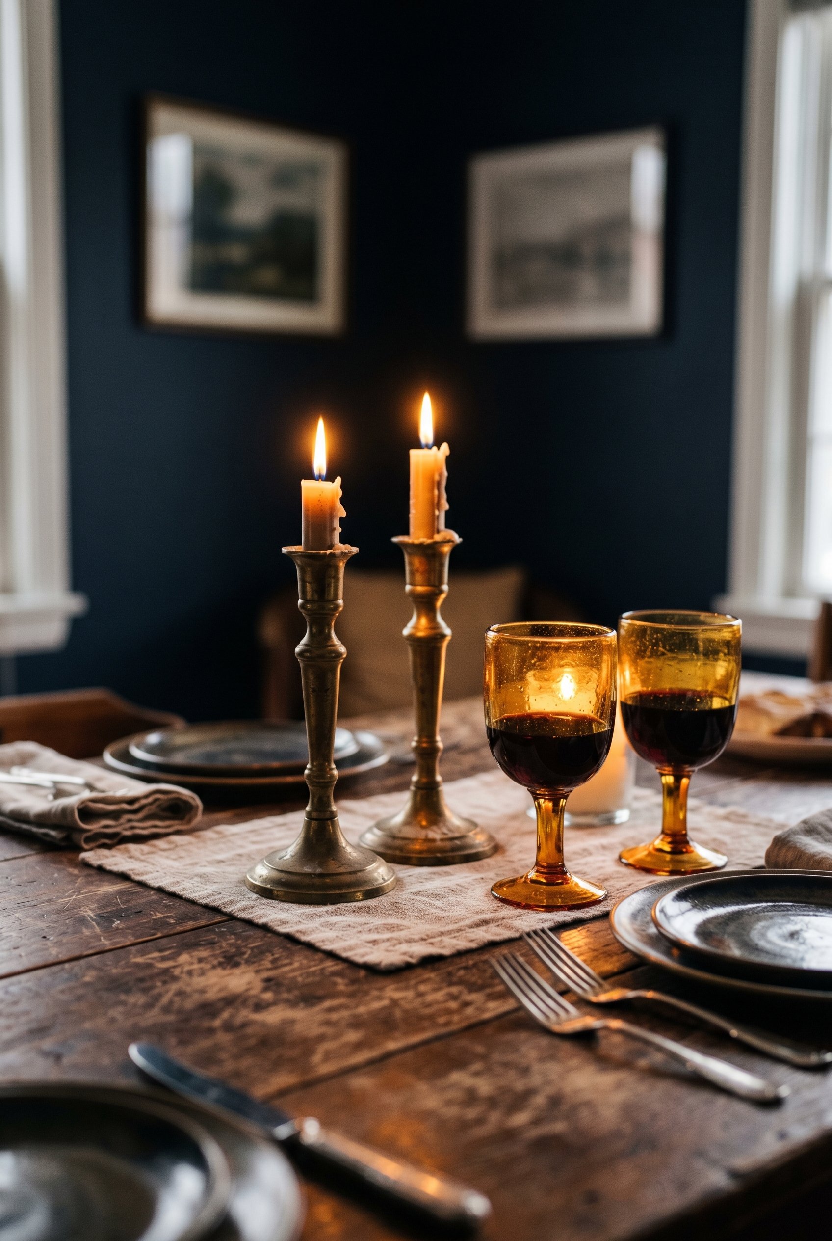 Photorealistic interior photo. Moody dining table setting featuring vintage unlacquered brass candlesticks and glowing amber glass goblets catching the light. Dark wall in the blurred background. Macr