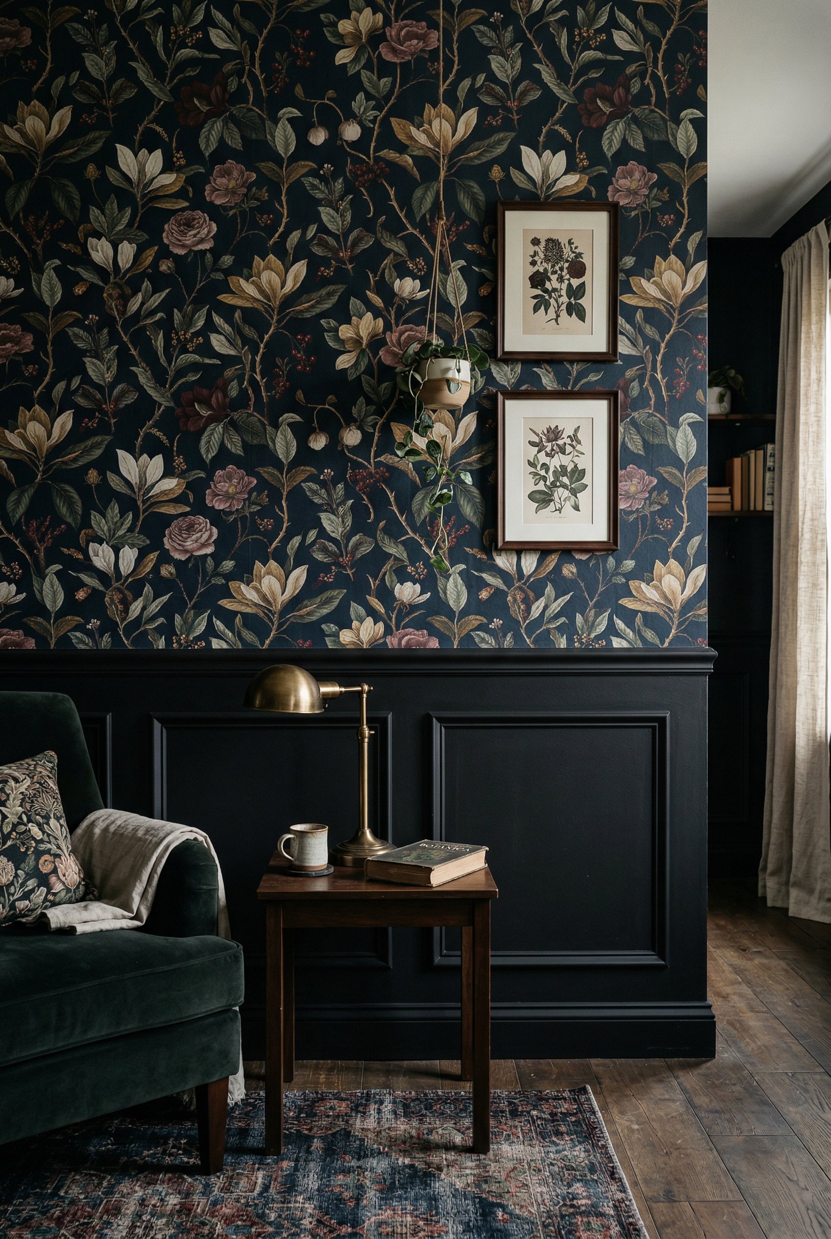 Photorealistic interior photo. Moody floral peel-and-stick wallpaper featuring dark midnight blue background with muted botanical patterns, installed above black wainscoting. Editorial photography sty