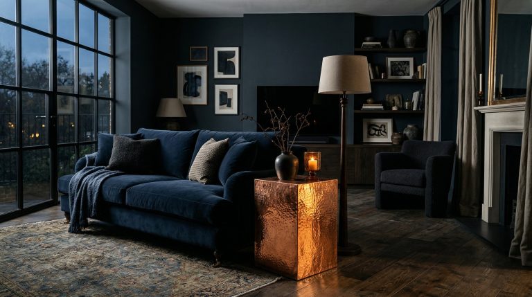 Photorealistic interior photo. Moody, high-end living room featuring a dark navy blue velvet sofa and a striking, glowing hammered copper side table. Dramatic natural side lighting casting deep shadow