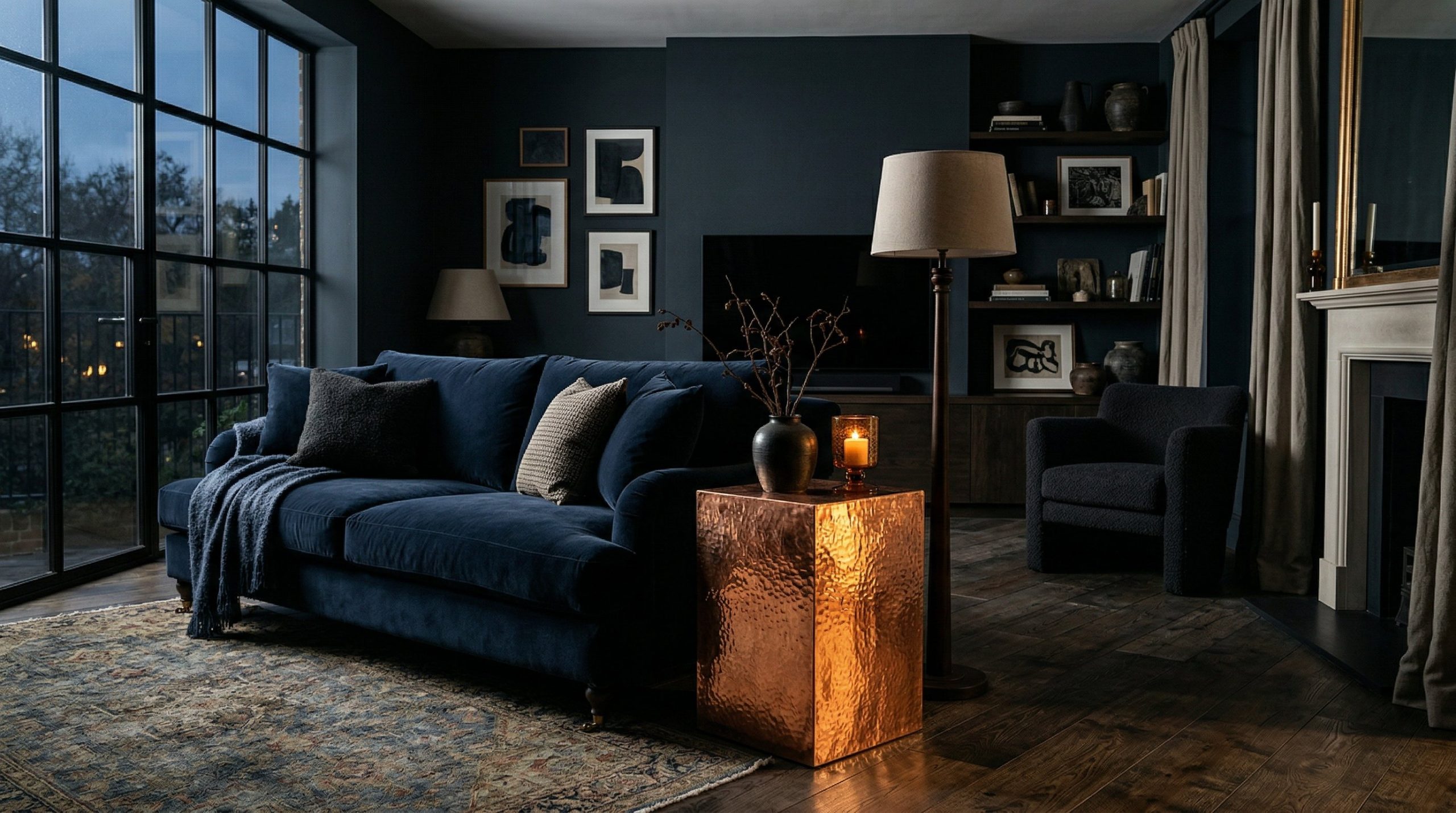 Photorealistic interior photo. Moody, high-end living room featuring a dark navy blue velvet sofa and a striking, glowing hammered copper side table. Dramatic natural side lighting casting deep shadow
