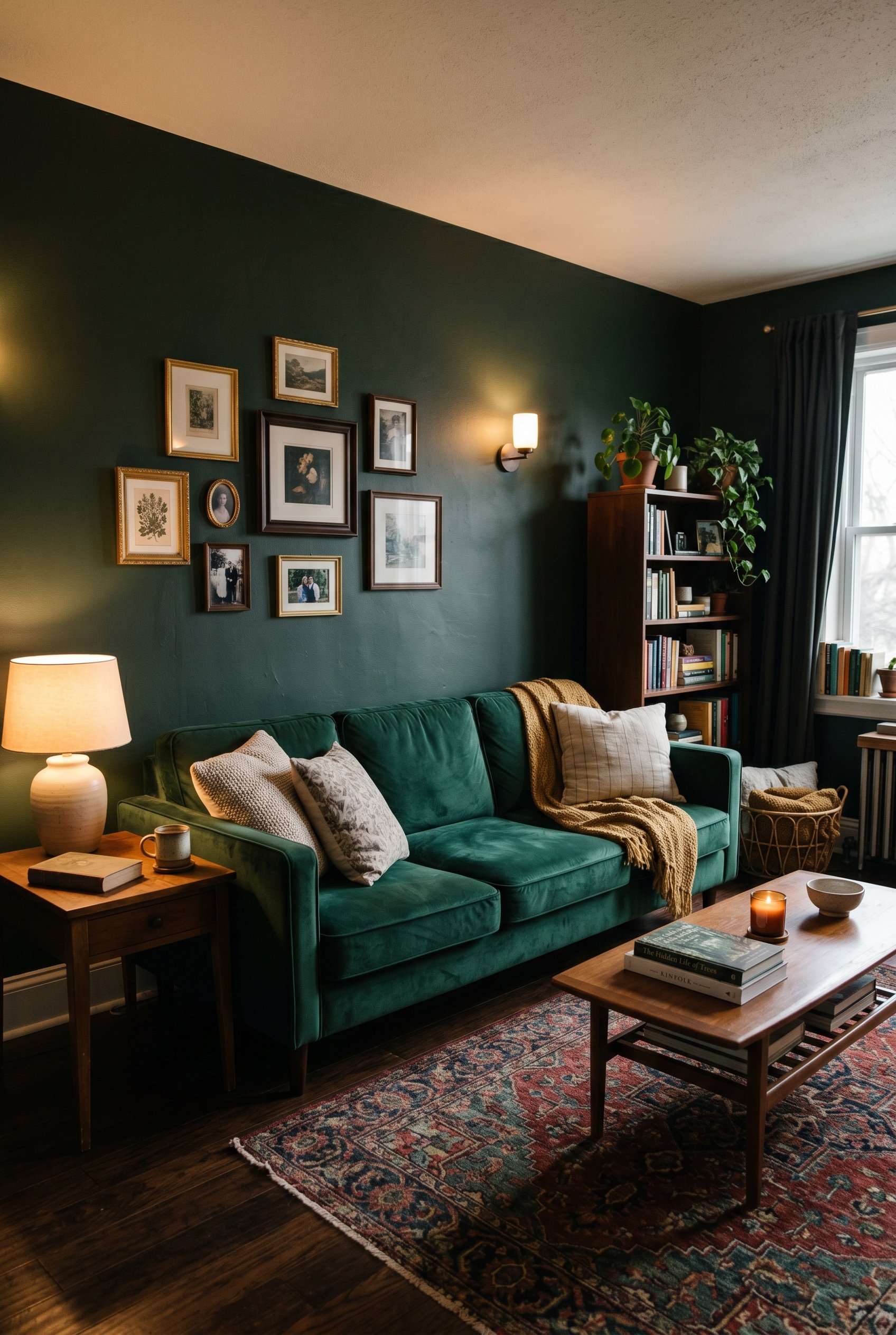 Photorealistic interior photo. Moody living room with dark hunter green painted walls, emerald velvet sofa, low warm lighting, straight-on camera angle. Editorial photography style, no people visible.