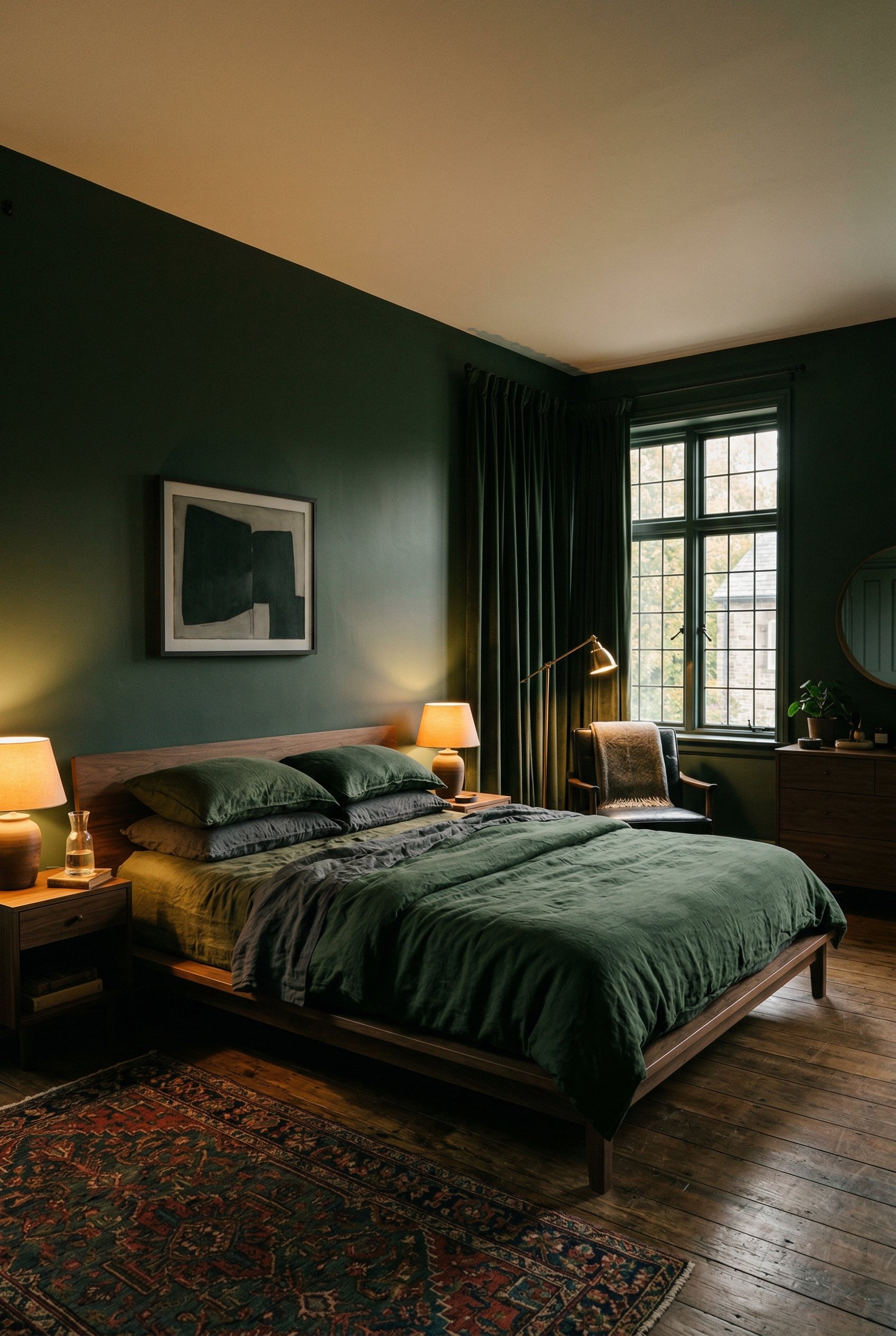 Photorealistic interior photo. Moody primary bedroom, walls painted flat dark hunter green, low profile minimalist bed with washed linen sheets, warm directional lighting, corner angle. Editorial phot