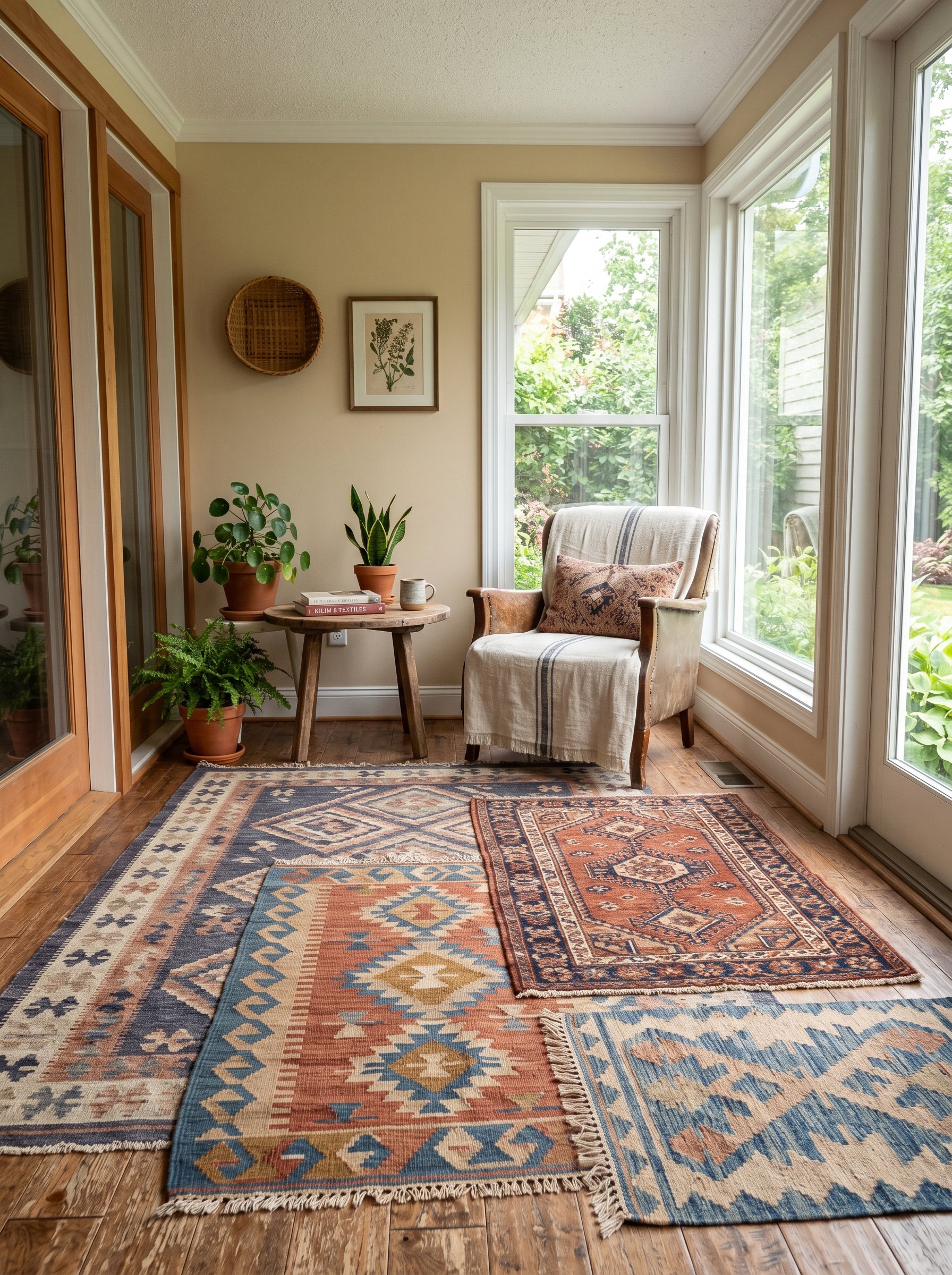Photorealistic interior photo. Multiple flatweave geometric outdoor kilim rugs layered over each other on a sunroom floor, muted terracotta and indigo colors, bright natural lighting. Editorial photog