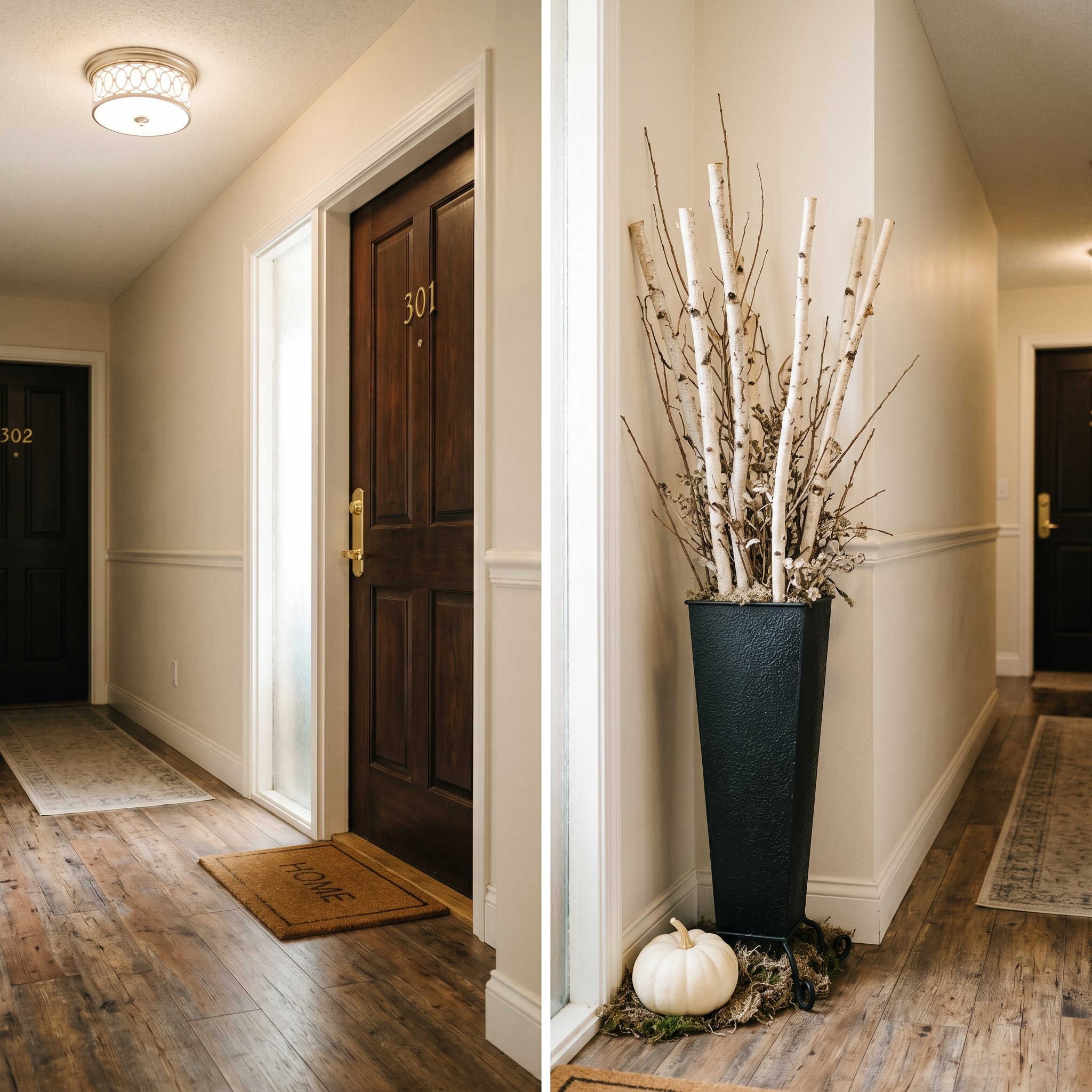 Photorealistic interior photo. Narrow condo outdoor entryway, tall slim black iron planter with dried birch branches, a single white mini pumpkin at the base. Bright hallway lighting, vertical framing
