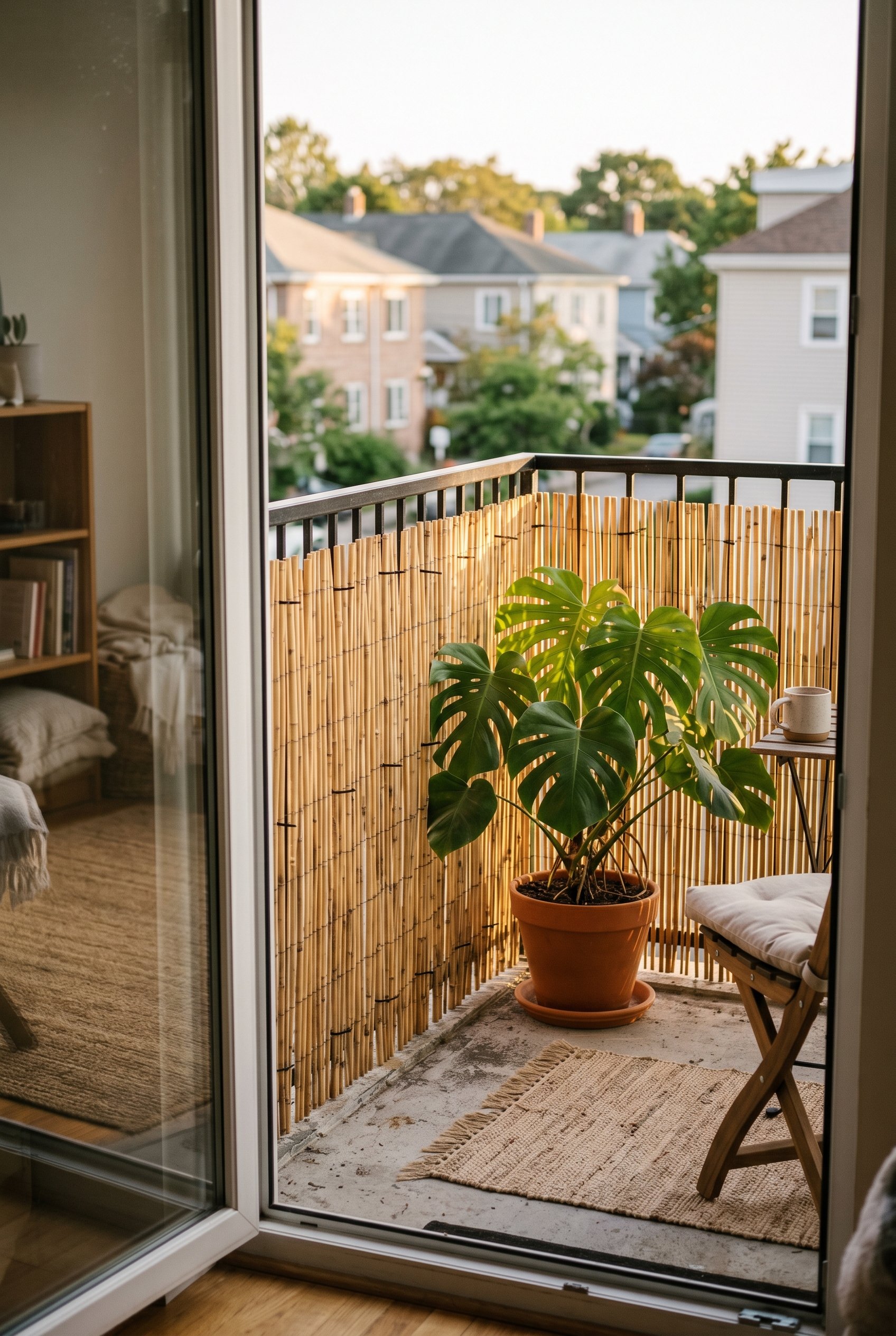 Photorealistic interior photo. Natural bamboo reed fencing zip-tied to a metal balcony railing, serving as a privacy screen behind a large potted monstera, golden hour lighting, medium shot. Editorial