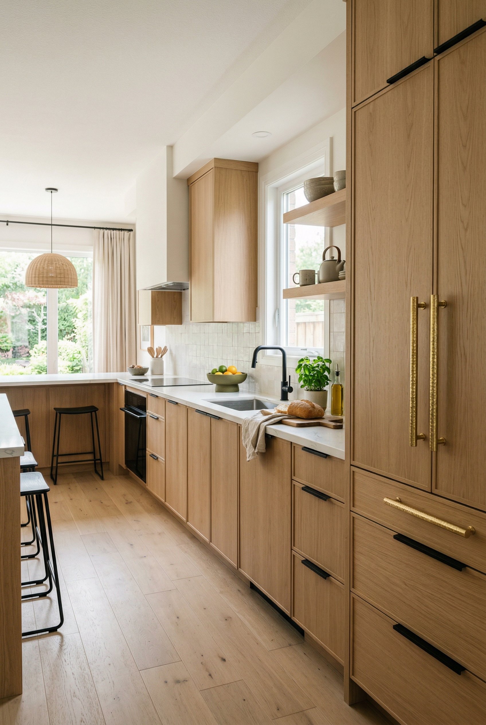 Photorealistic interior photo. Natural white oak kitchen cabinets featuring a mix of modern matte black edge pulls and an oversized brass statement pull on a pantry door. Soft natural light, wide angl