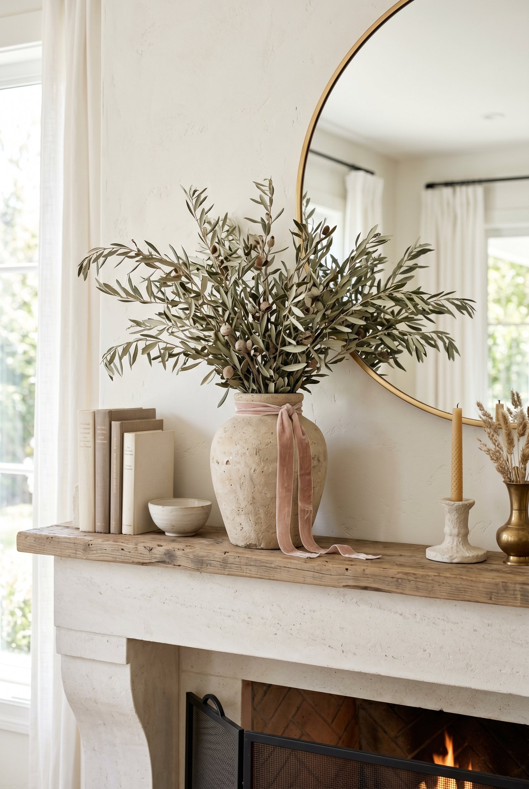 Photorealistic interior photo. Neutral mantel decor featuring dried olive branches in a textured stone vase, tied with a soft velvet blush ribbon. Bright, airy spring daylight. Editorial photography s
