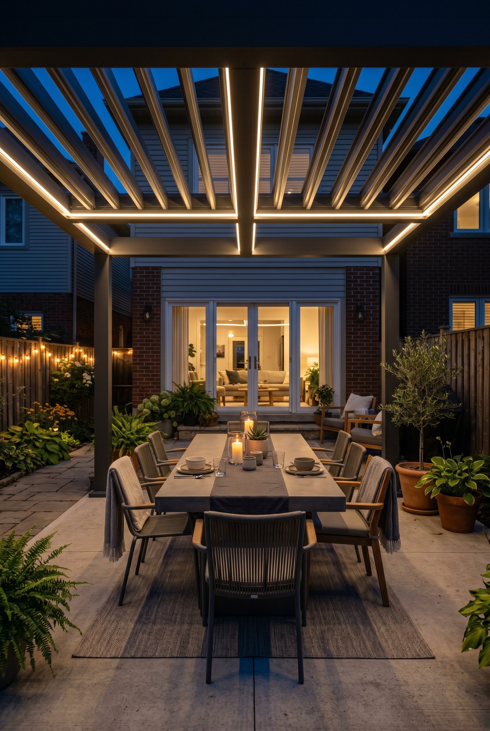 Photorealistic interior photo. Nighttime backyard patio, modern aluminum pergola featuring glowing hardwired LED strip channels built into the beams, concrete dining table, architectural lighting, str