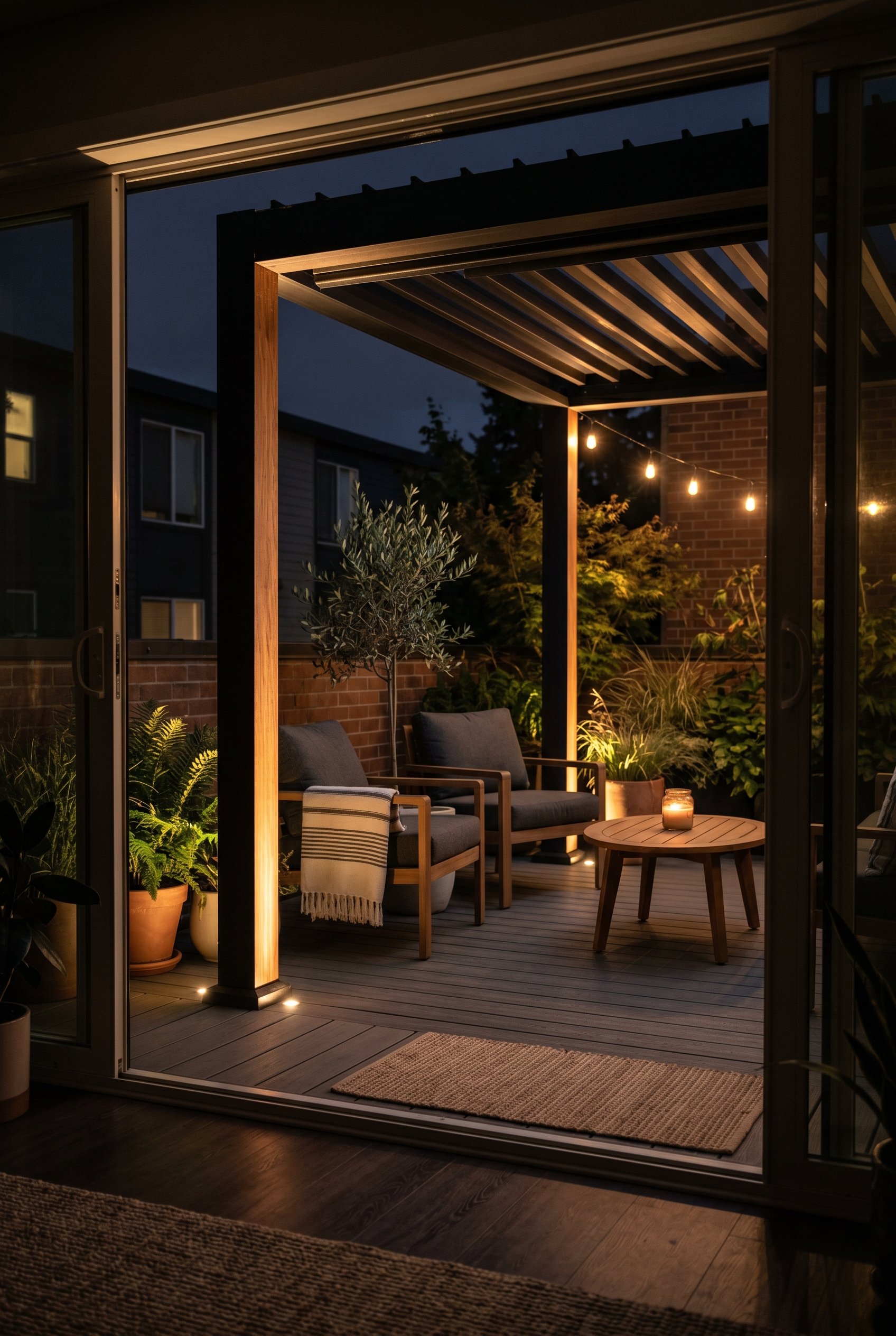 Photorealistic interior photo. Nighttime patio, low-voltage architectural uplighting glowing from the base of modern black pergola posts, dark and moody atmosphere, eye-level angle. Editorial photogra