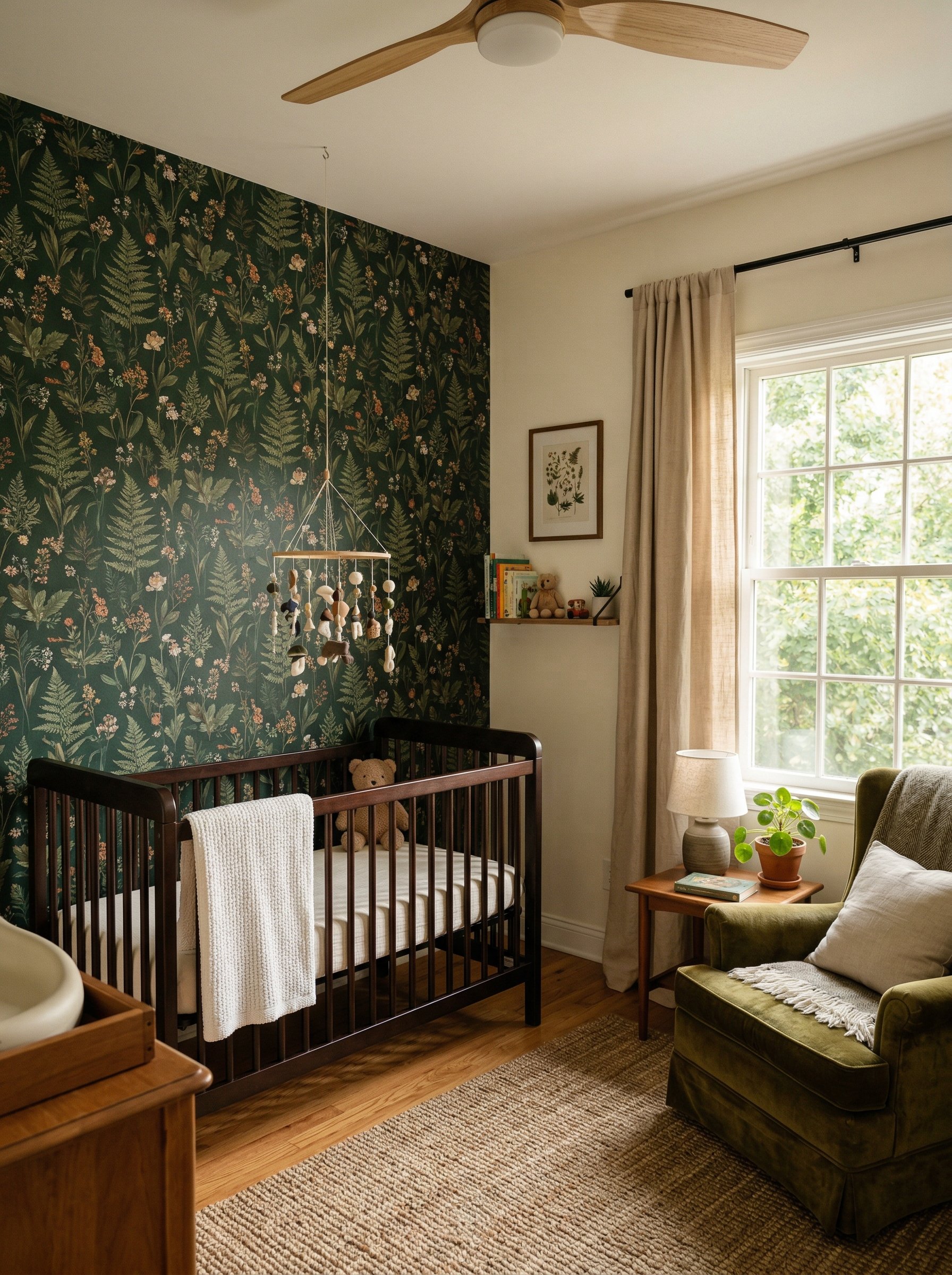 Photorealistic interior photo. Nursery featuring moody botanical peel-and-stick wallpaper on one accent wall, deep forest green tones, simple tension-rod linen curtain, warm natural sunlight. Editoria