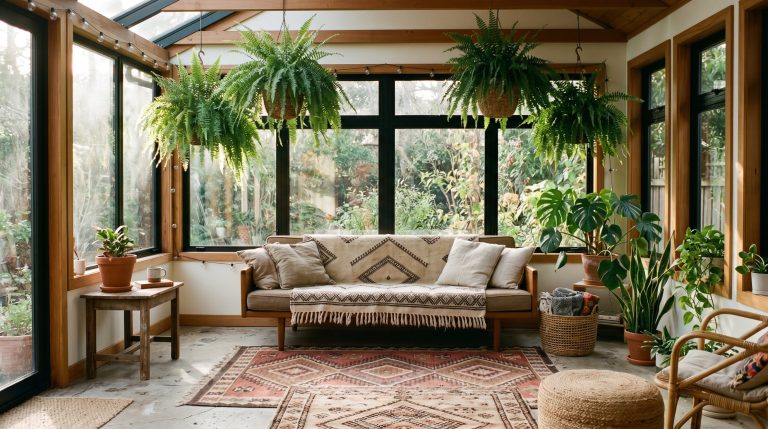 Photorealistic interior photo of a bohemian sunroom. Massive Boston ferns hanging from the ceiling, layered geometric flatweave rugs on a concrete floor, a low-profile teak mid-century sofa with a fri