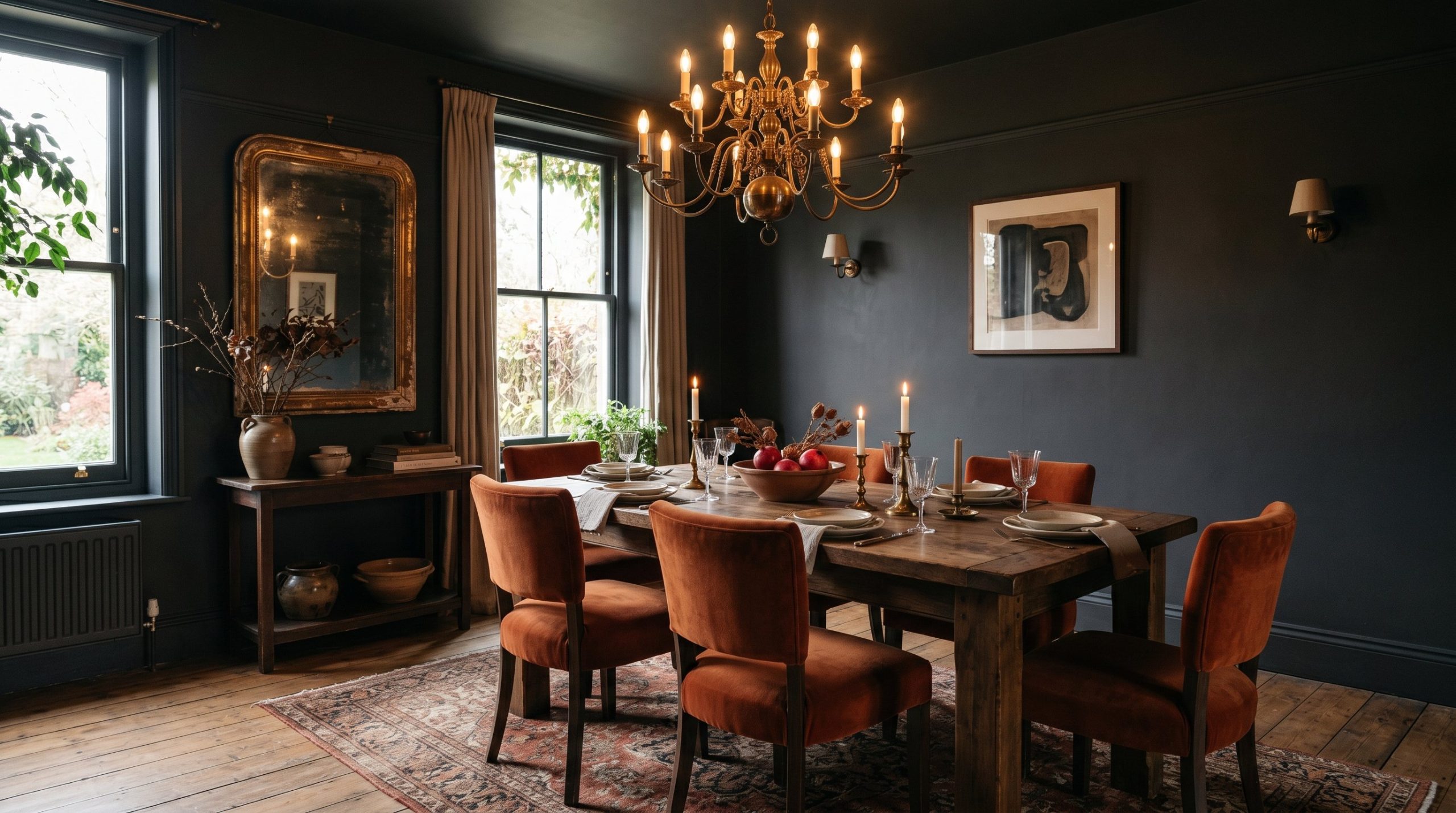 Photorealistic interior photo of a breathtaking moody dining room painted completely in deep matte charcoal, featuring rust velvet dining chairs, a heavy walnut table, and an oversized brass chandelie