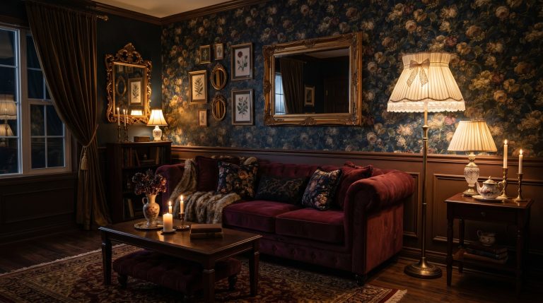 Photorealistic interior photo of a moody dark coquette living room. A deep burgundy velvet tufted sofa, dark heavy floral wallpaper, ornate vintage gold mirrors, and pleated silk lampshades casting a