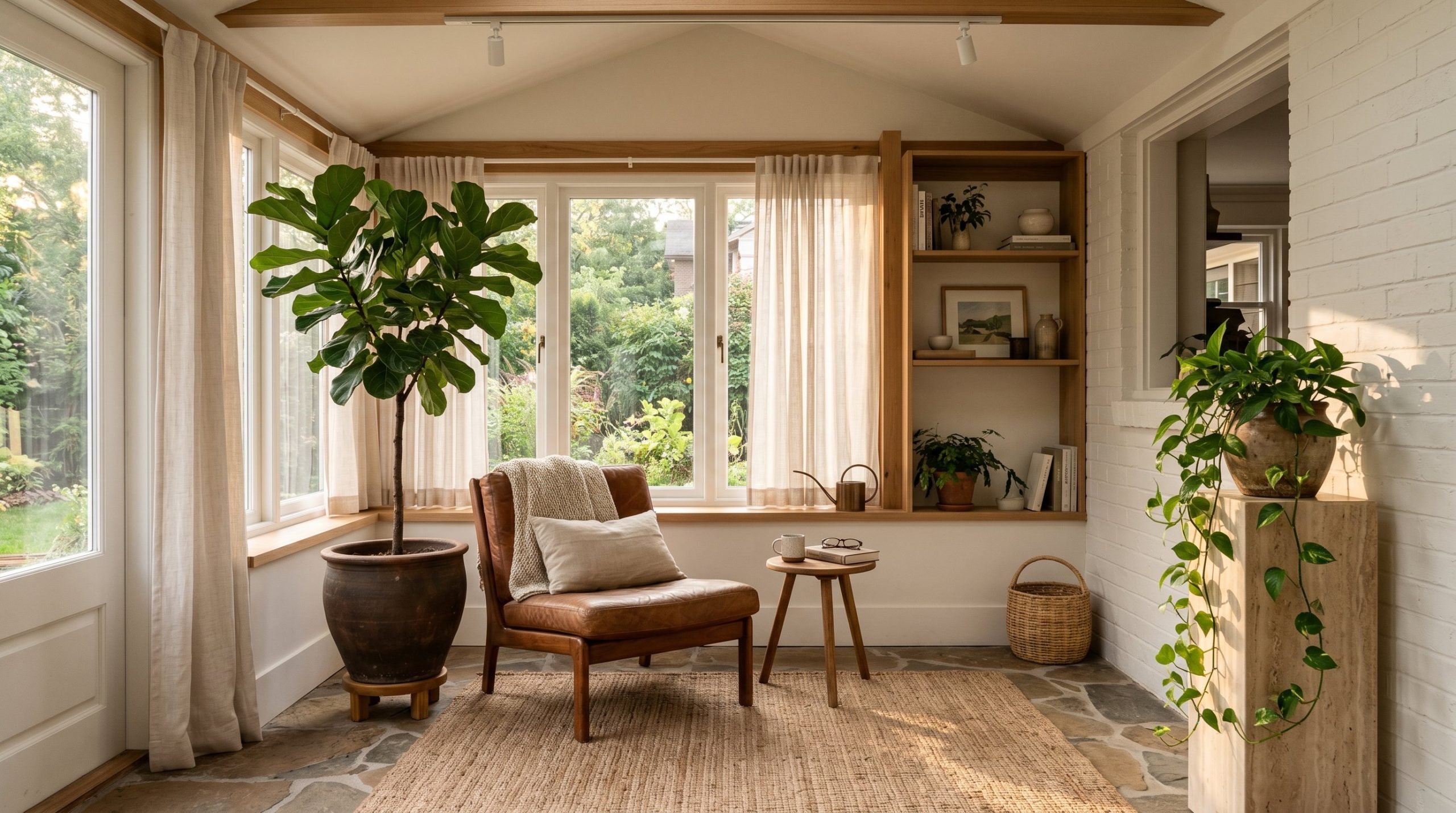 Photorealistic interior photo of a perfectly styled sunroom. A massive Ficus tree in a dark terracotta pot paired with a low-profile vintage leather lounge chair. High ceilings, large windows with she