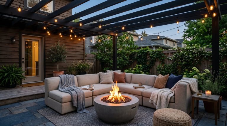 Photorealistic interior photo of an outdoor living room at dusk. Black slatted wood pergola overhead, chunky modular oat-colored seating, a glowing smokeless fire pit in the center. Dimmable warm bist