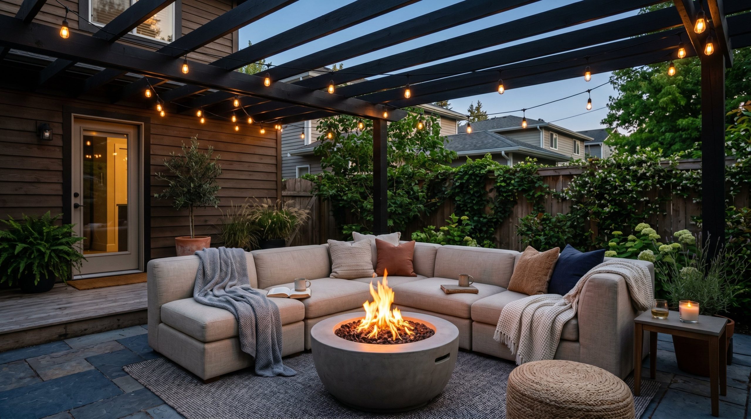 Photorealistic interior photo of an outdoor living room at dusk. Black slatted wood pergola overhead, chunky modular oat-colored seating, a glowing smokeless fire pit in the center. Dimmable warm bist