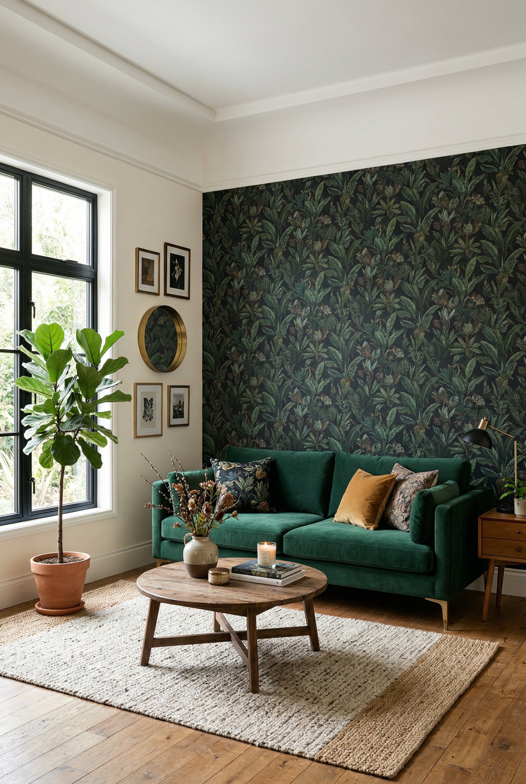 Photorealistic interior photo. One accent wall featuring a dark, moody botanical peel-and-stick wallpaper, modern velvet sofa in front, bright natural light from side window. Editorial photography sty