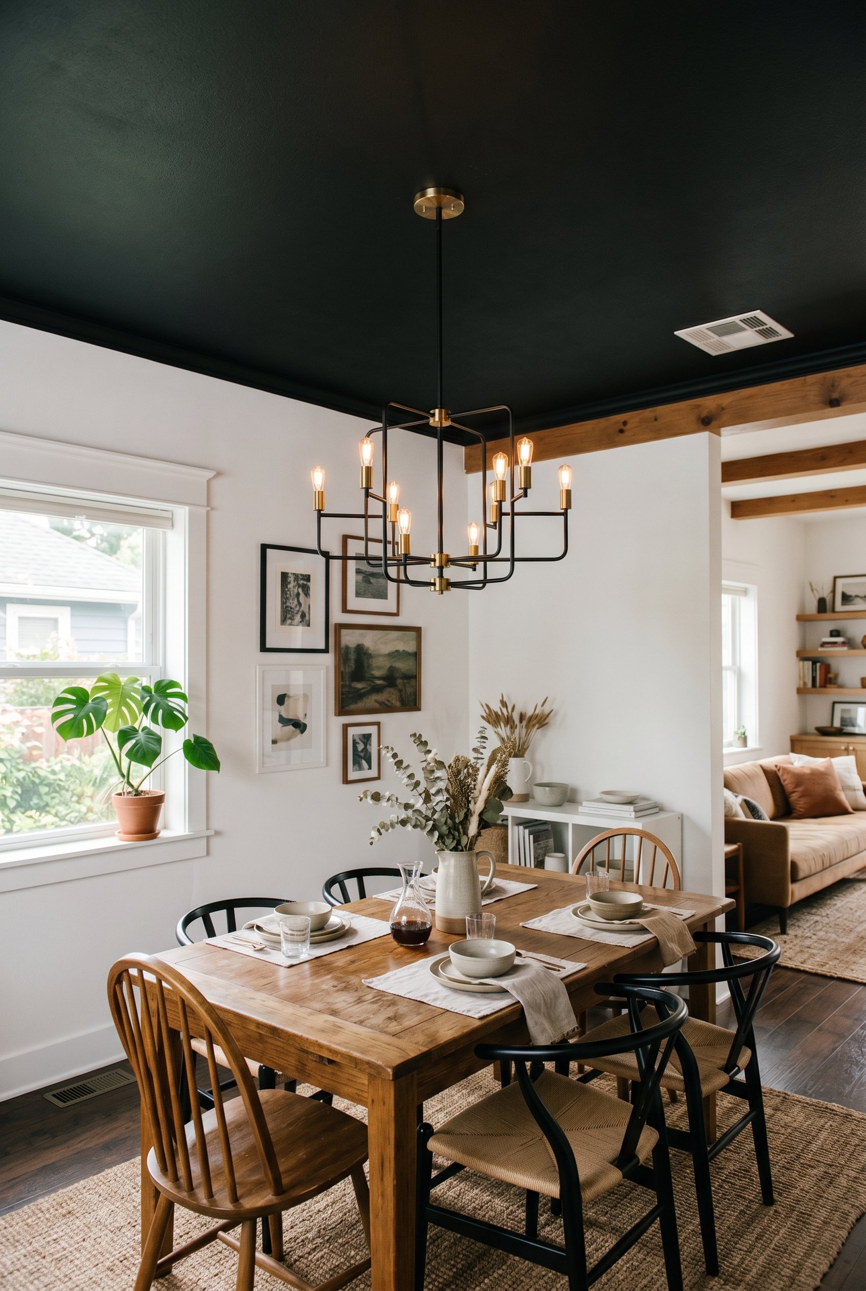Photorealistic interior photo. Open floor plan dining area featuring crisp white walls but a dramatic matte black painted ceiling. A modern chandelier hangs from the dark ceiling over a wood table. Up