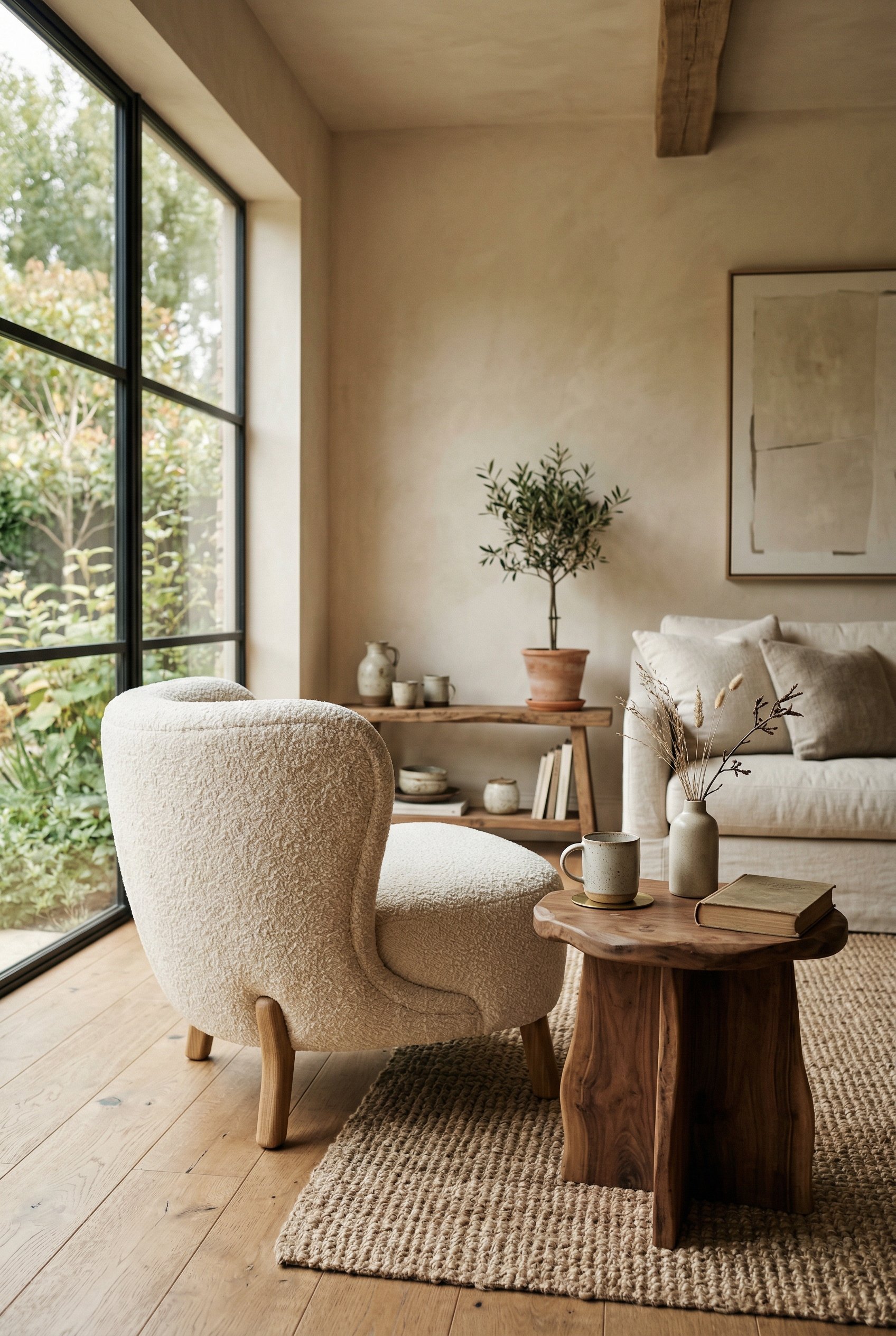 Photorealistic interior photo. Organic modern living room, curved cream bouclé accent chair next to a side table, soft natural lighting, low camera angle. Editorial photography style, no people visibl