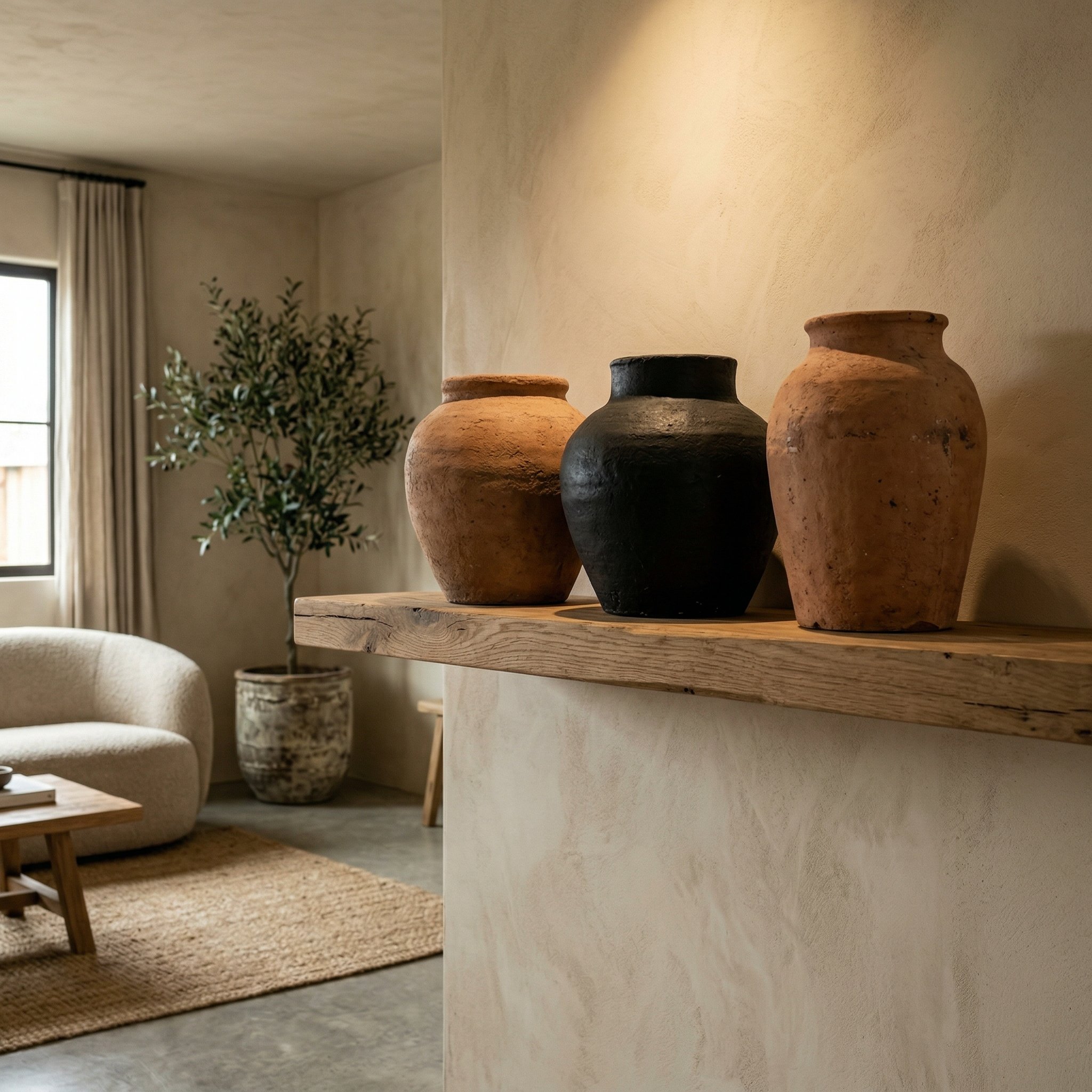 Photorealistic interior photo. Organic modern living room, cluster of three chunky matte black and unglazed terracotta vases on a wood shelf, dramatic spotlighting, eye-level angle. Editorial photogra