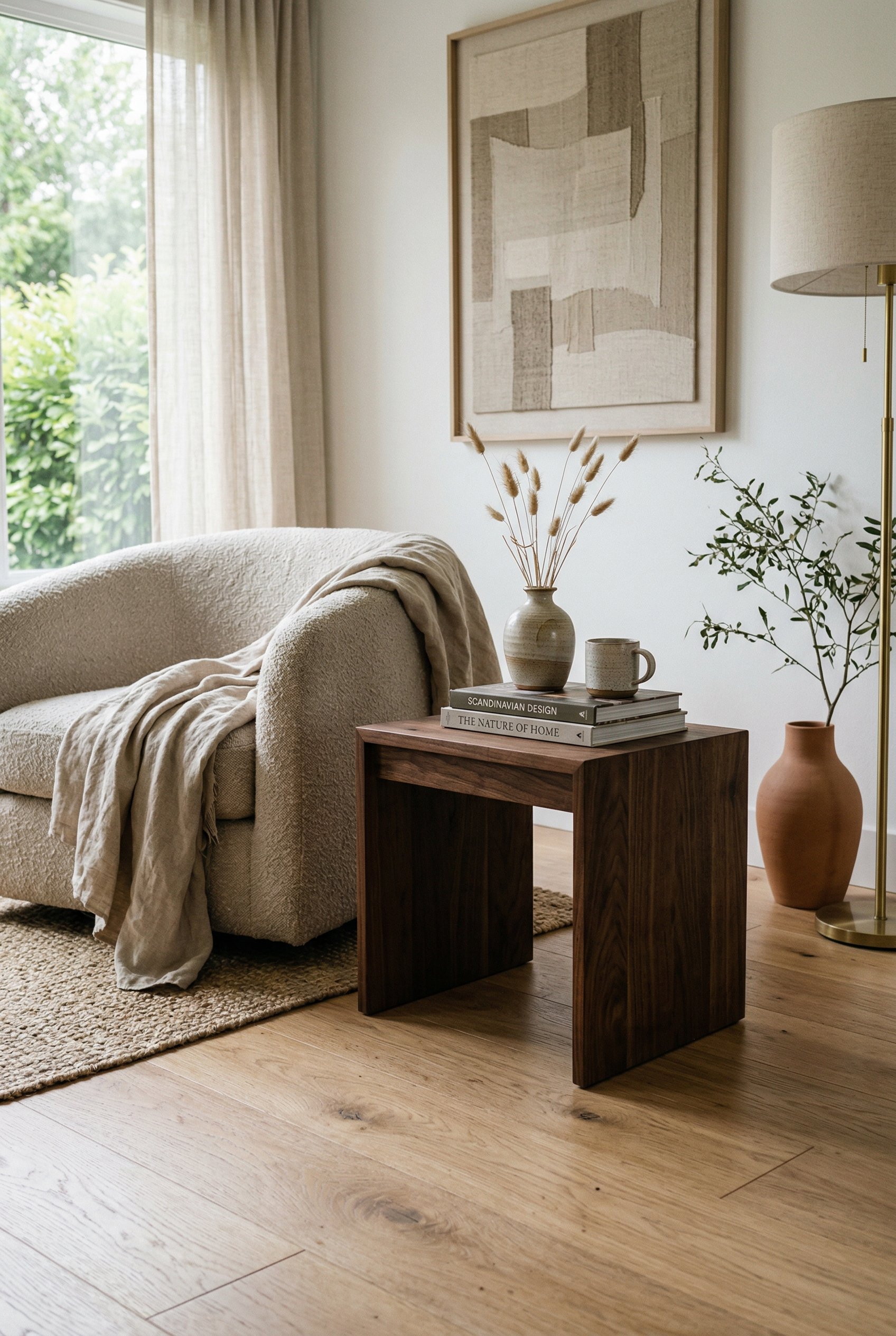 Photorealistic interior photo. Organic modern living room, dark walnut side table against light white oak hardwood floors, diffused morning light, medium shot. Editorial photography style, no people v