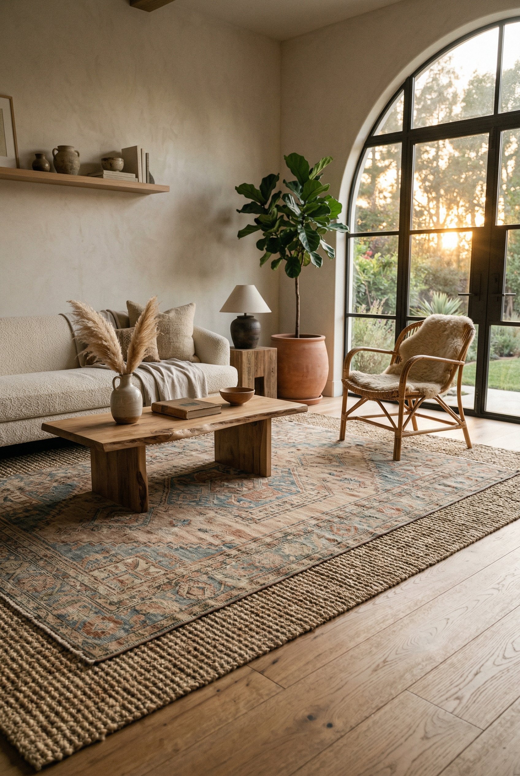Photorealistic interior photo. Organic modern living room, faded vintage Turkish rug layered over a chunky sisal rug, golden hour lighting, floor-level angle. Editorial photography style, no people vi