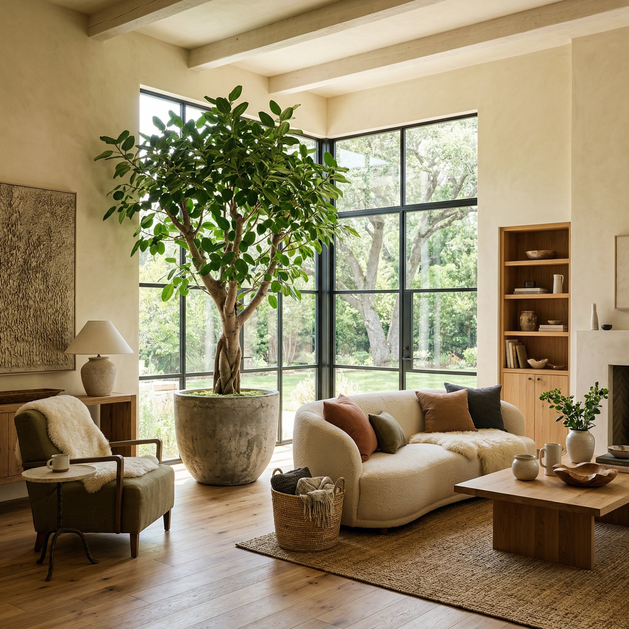 Photorealistic interior photo. Organic modern living room, large Ficus Audrey tree in a weathered concrete planter, bright natural sunlight, wide corner angle. Editorial photography style, no people v