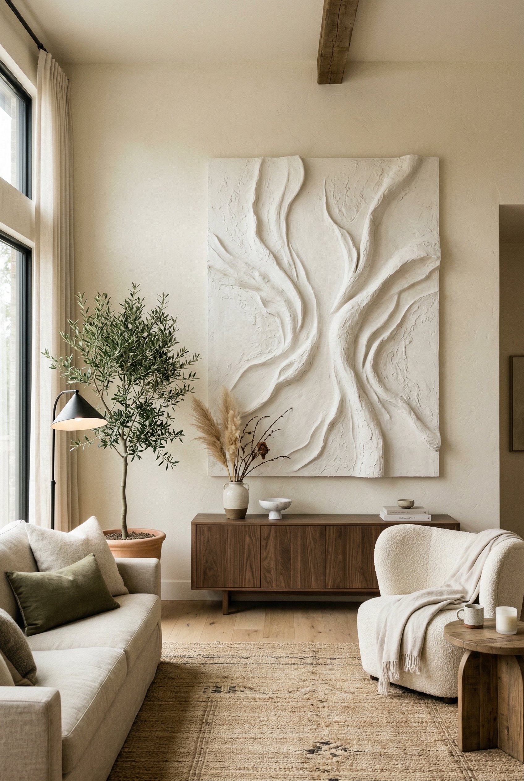 Photorealistic interior photo. Organic modern living room, large white textured plaster sculptural art on a cream wall, soft diffused lighting, straight-on angle. Editorial photography style, no peopl
