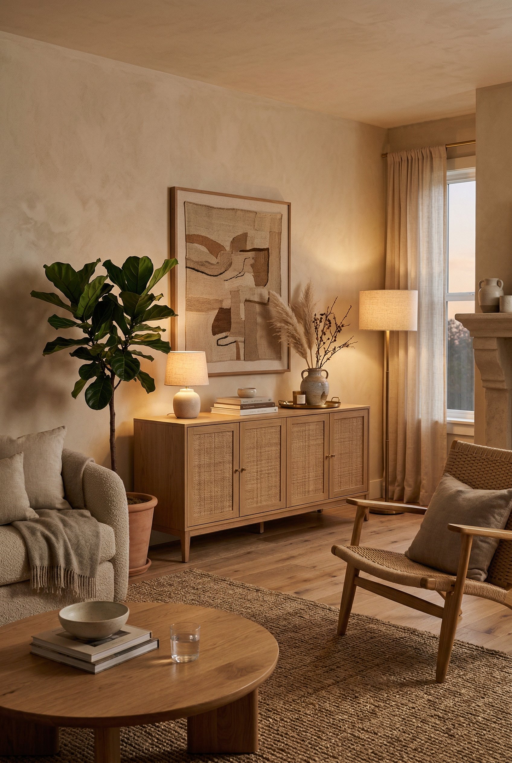 Photorealistic interior photo. Organic modern living room, light wood media cabinet with woven cane doors, warm evening lamp light, slightly angled medium shot. Editorial photography style, no people 