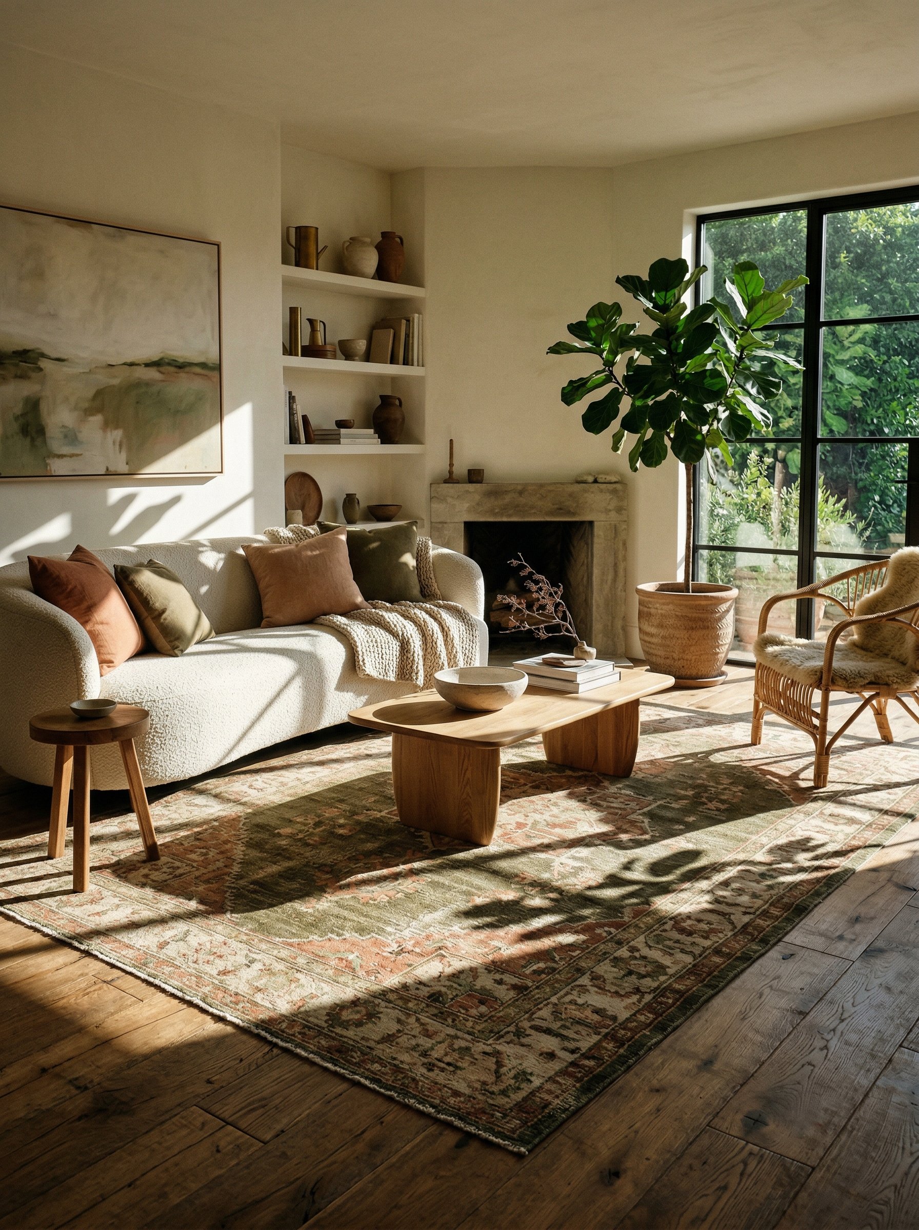 Photorealistic interior photo. Organic modern living room, low-pile faded olive and terracotta washable rug, sunlight casting harsh shadows, low camera angle. Editorial photography style, no people vi
