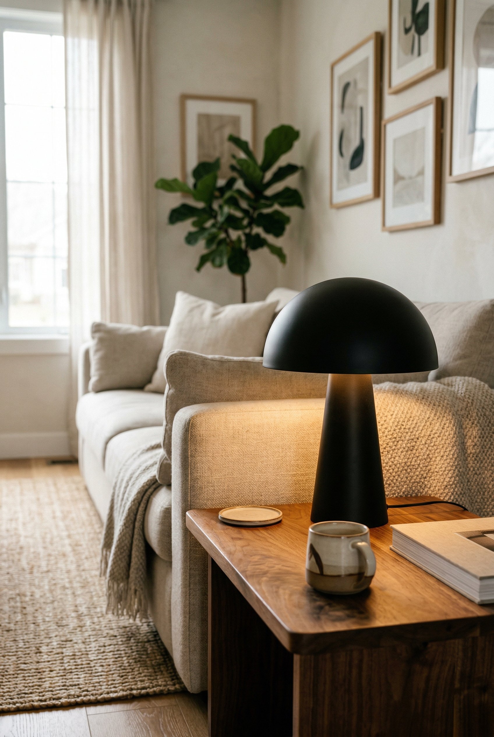 Photorealistic interior photo. Organic modern living room, matte black metal mushroom silhouette lamp on a walnut side table, glowing warm light, close-up angle. Editorial photography style, no people