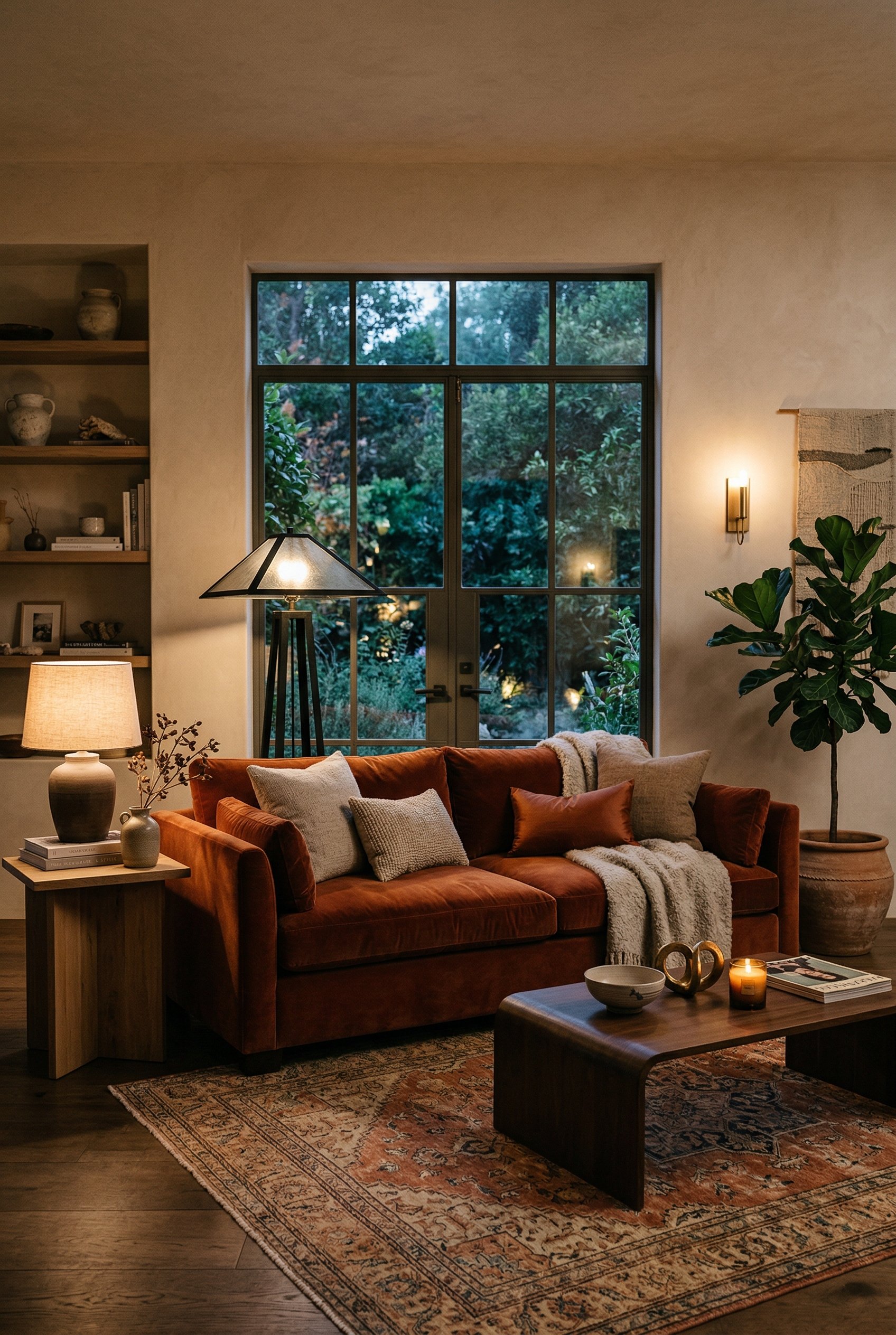 Photorealistic interior photo. Organic modern living room, rust-colored performance velvet sofa, moody ambient lighting, straight-on medium shot. Editorial photography style, no people visible.