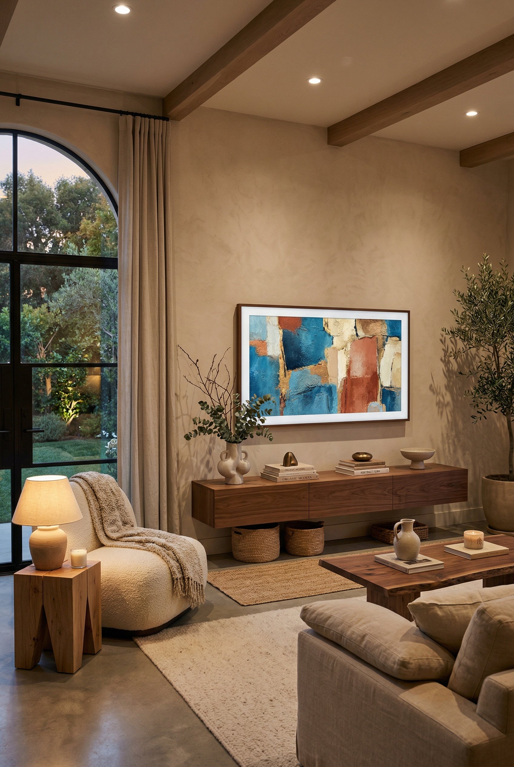 Photorealistic interior photo. Organic modern living room, Samsung Frame TV displaying abstract art above a minimal wood console, warm ambient lighting, slightly angled camera. Editorial photography s