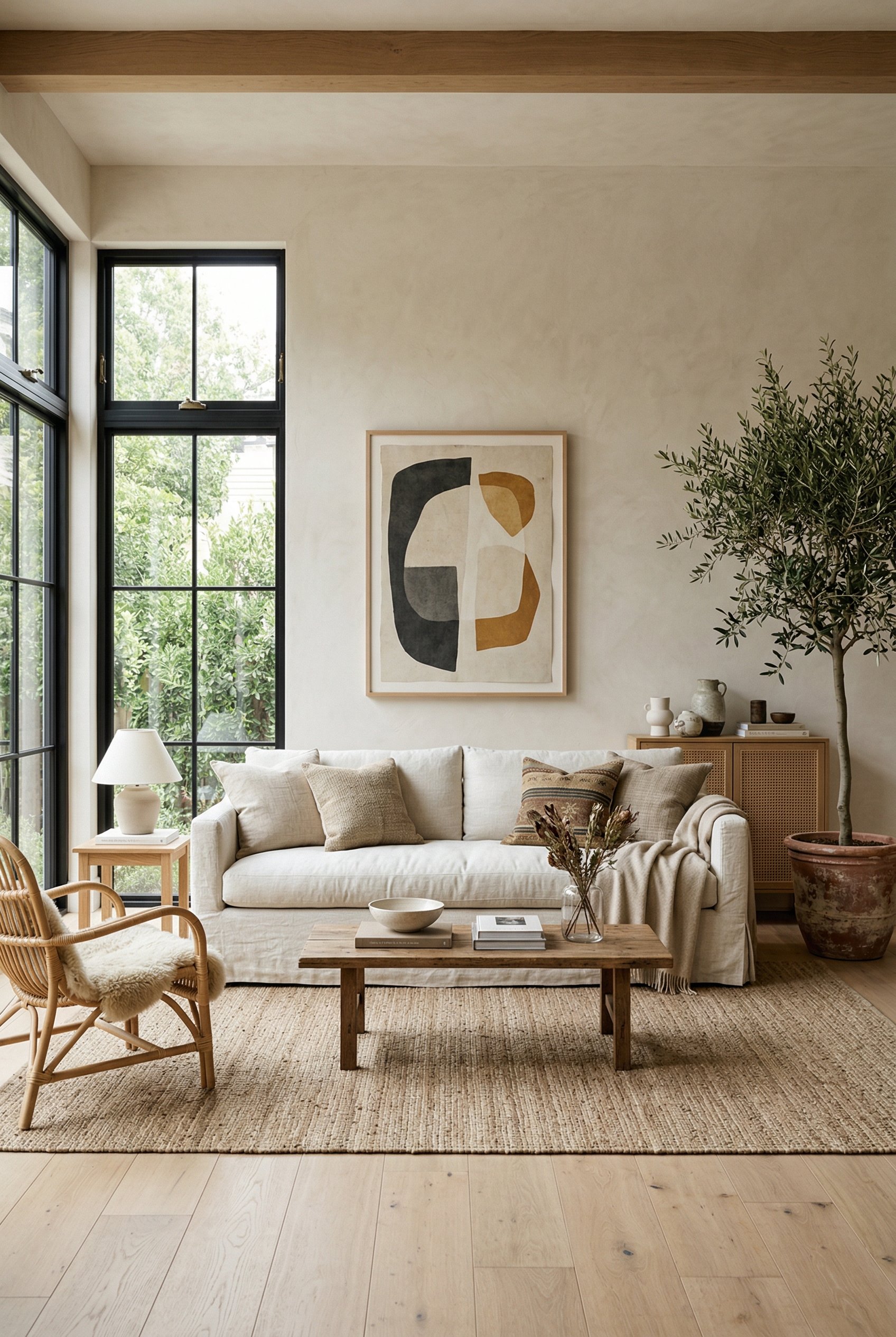 Photorealistic interior photo. Organic modern living room, slubby white linen slipcover sofa, soft natural daylight, straight-on camera angle. Editorial photography style, no people visible.