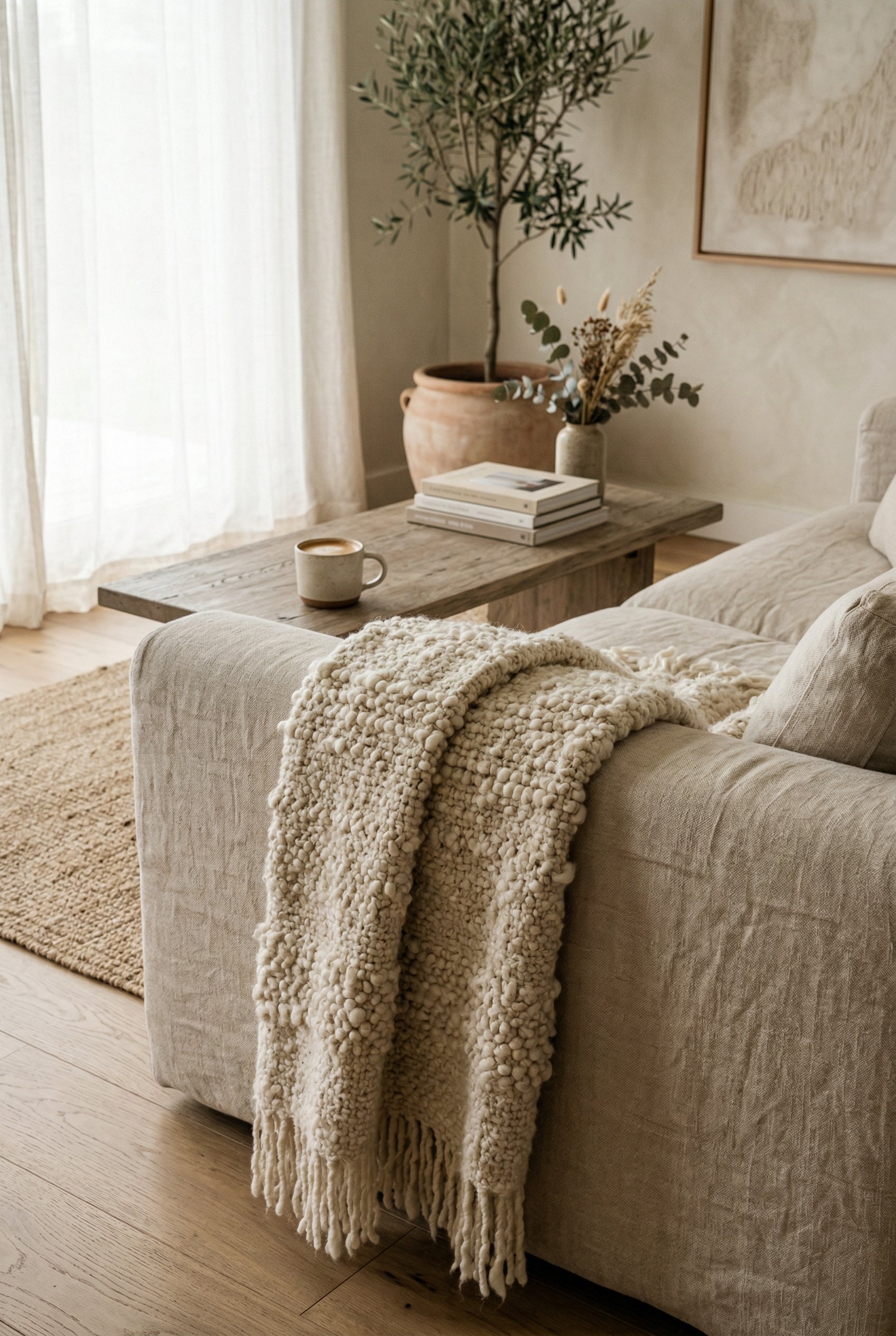 Photorealistic interior photo. Organic modern living room, thick nubby wool throw blanket draped casually over a linen sofa arm, soft morning light, detail shot. Editorial photography style, no people