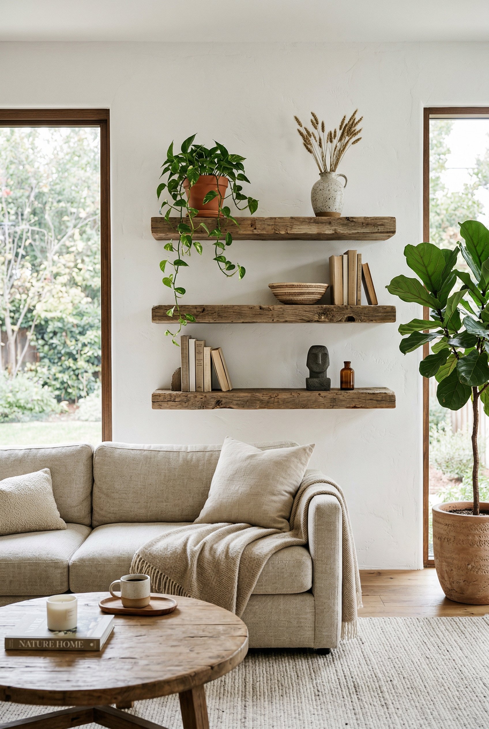 Photorealistic interior photo. Organic modern living room, thick reclaimed barn wood floating shelves against a white wall, soft daylight, eye-level angle. Editorial photography style, no people visib