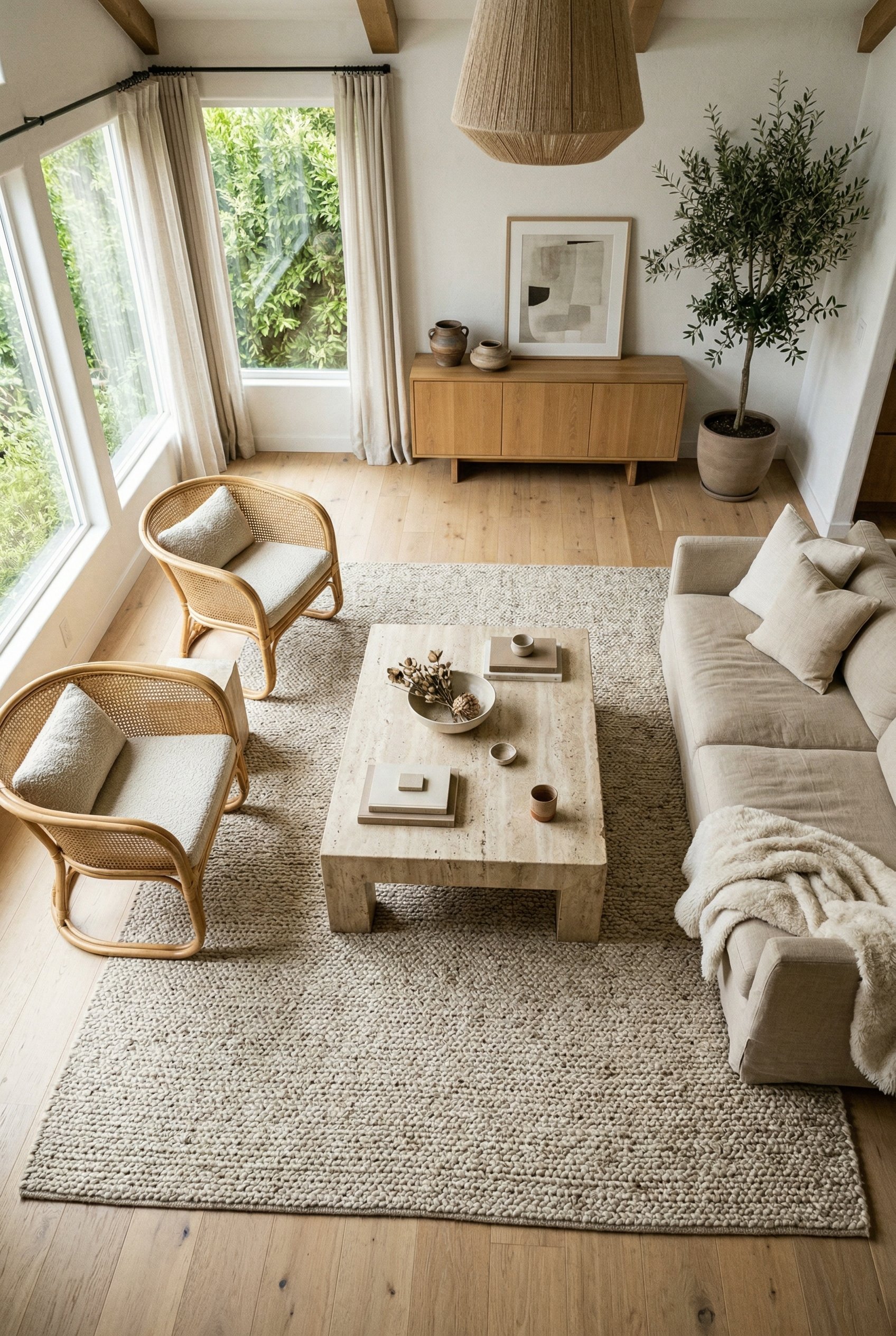 Photorealistic interior photo. Organic modern living room, vintage chunky travertine coffee table on a neutral rug, bright natural window lighting, top-down angle. Editorial photography style, no peop