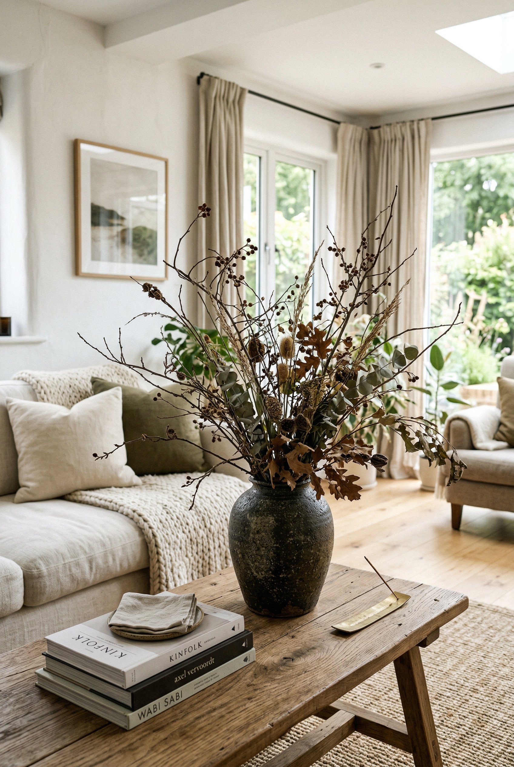 Photorealistic interior photo. Organic modern living room, wild foraged asymmetrical branches in a heavy ceramic vase on a coffee table, bright natural light, close-up. Editorial photography style, no