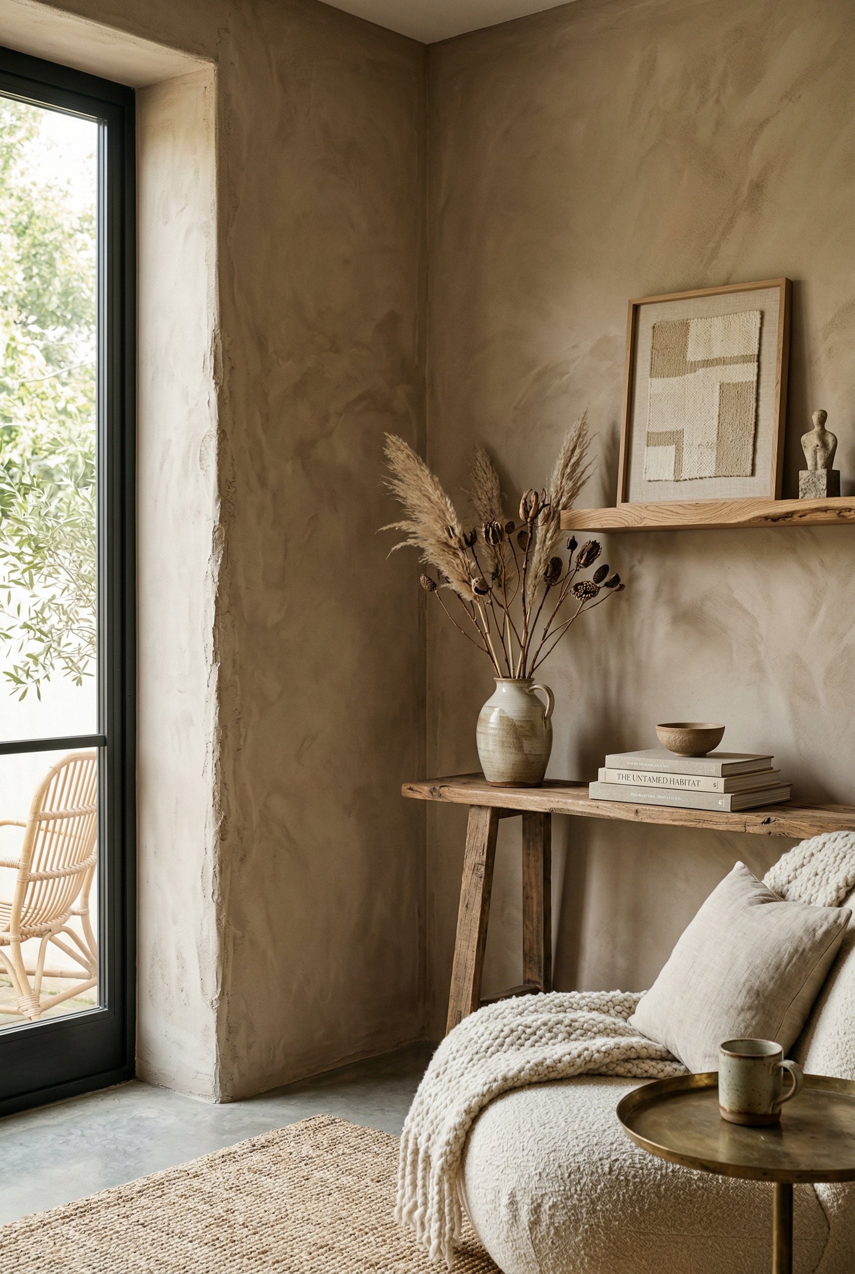Photorealistic interior photo. Organic modern living room, warm taupe limewash textured wall, side lighting highlighting the plaster texture, close-up corner angle. Editorial photography style, no peo