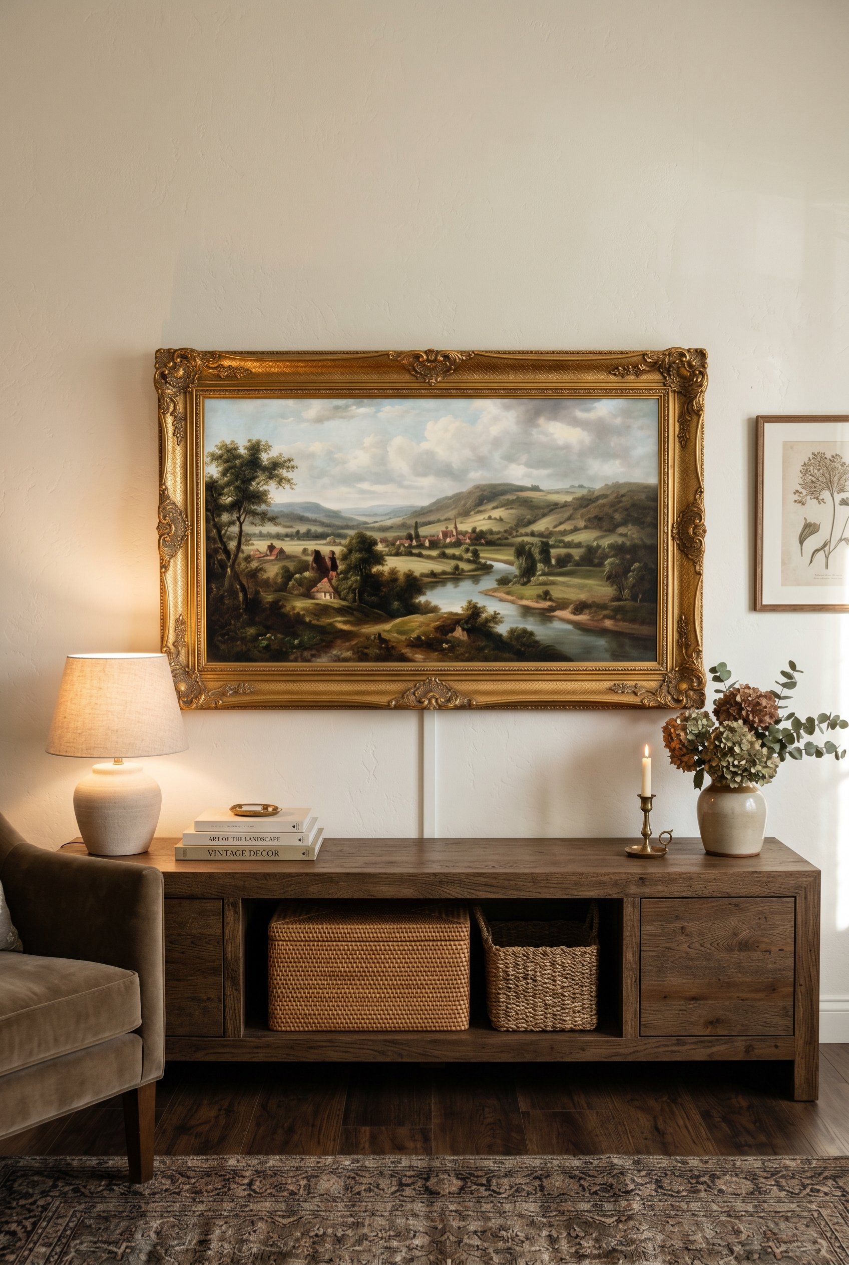 Photorealistic interior photo. Ornate gold-framed smart TV displaying a vintage landscape painting, woven decorative boxes hiding cords on a media console, warm ambient lighting, straight-on camera an