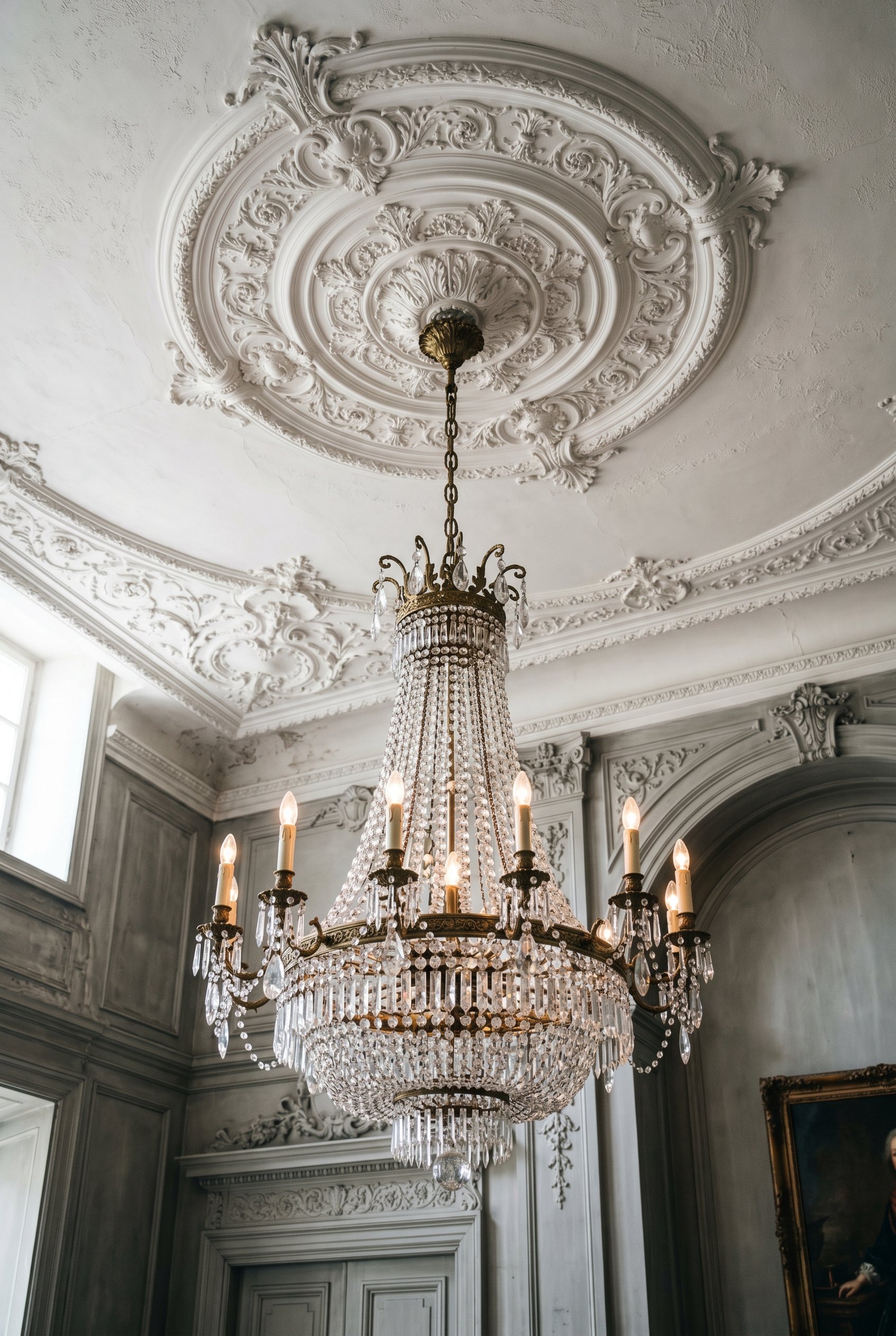 Photorealistic interior photo. Ornate vintage crystal chandelier hanging from a decorative white plaster ceiling medallion, muted grey walls, looking up angle. Editorial photography style, no people v