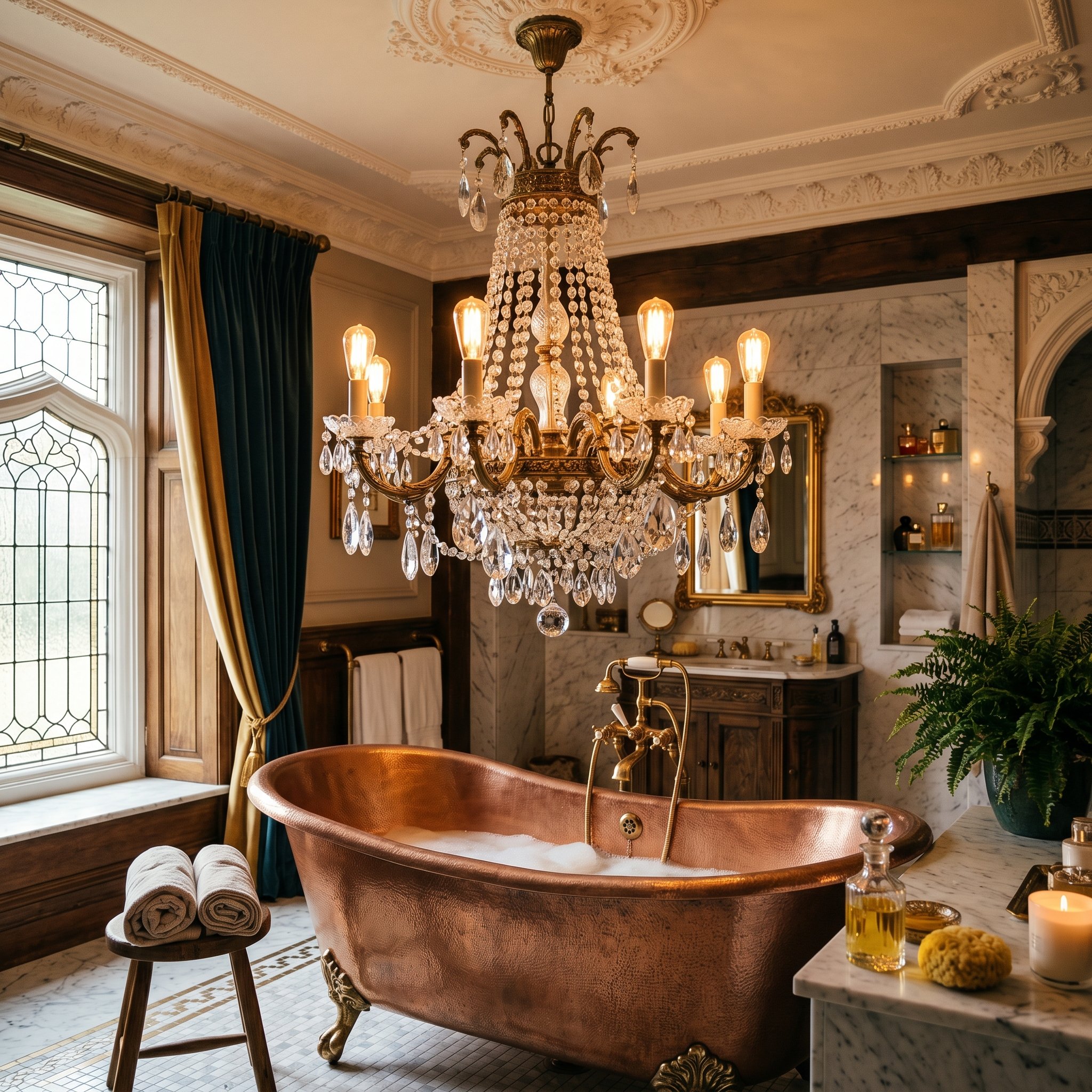 Photorealistic interior photo. Ornate vintage lead crystal chandelier hanging above a luxury bathtub, intricate brass details, warm glowing bulbs, medium angled shot. Editorial photography style, no p